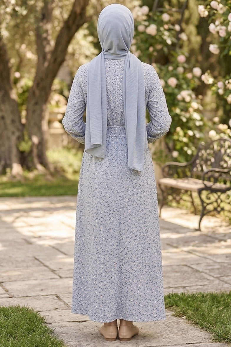 Çıtır Çiçek Desenli Beli Lastikli Elbise - 28355-GRI - 3