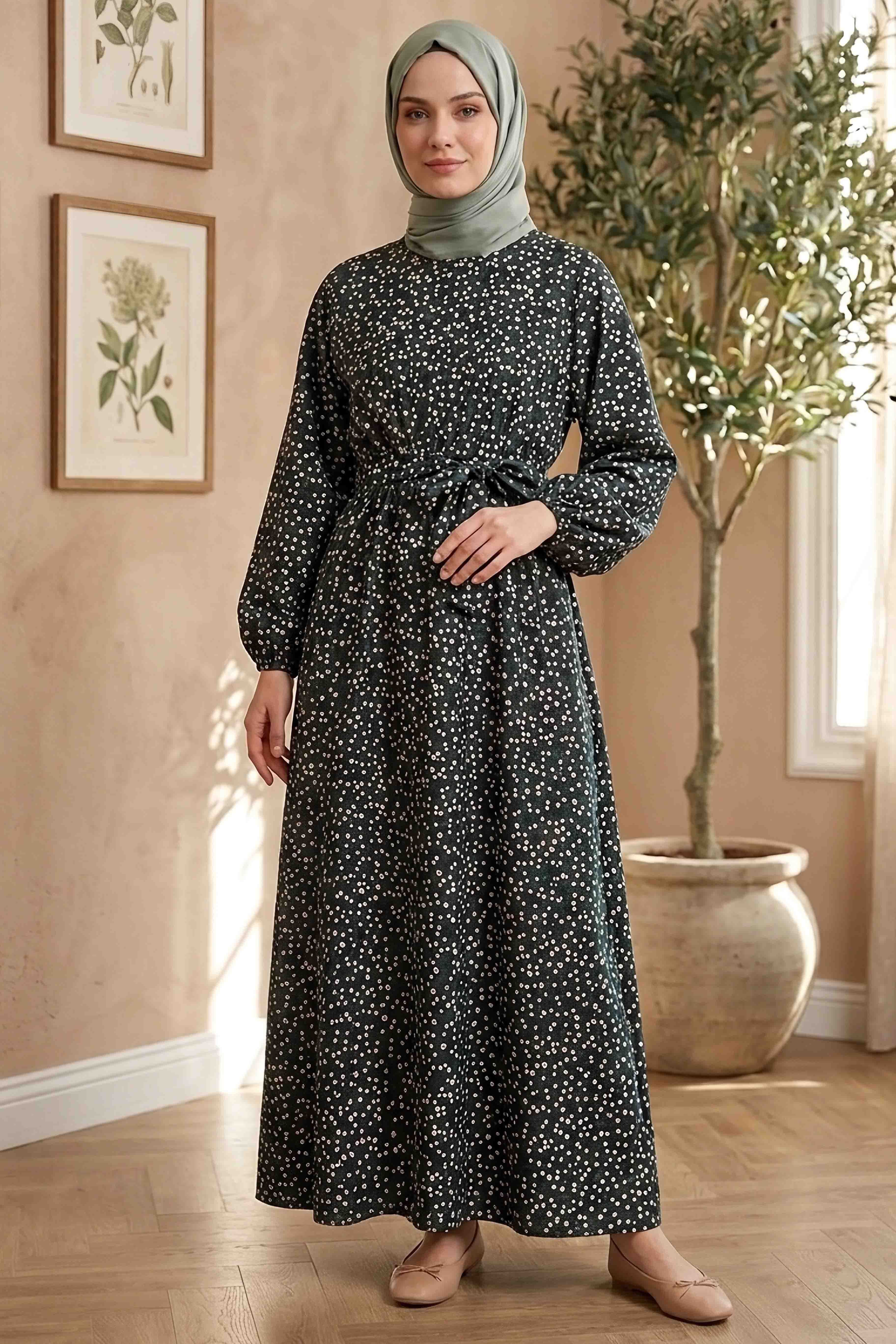 Çıtır Çiçek Desenli Beli Lastikli Elbise - 28355-SIYAH - 1