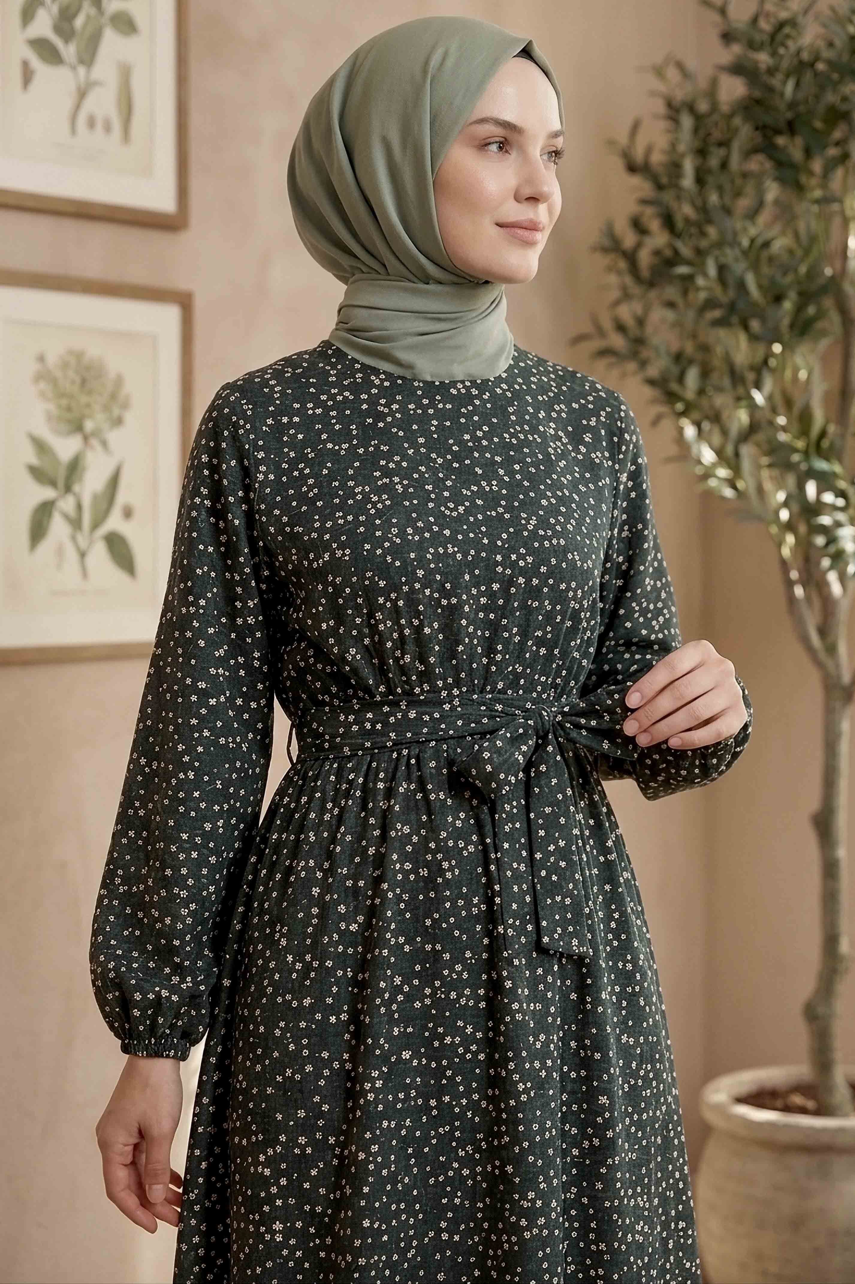 Çıtır Çiçek Desenli Beli Lastikli Elbise - 28355-SIYAH - 2