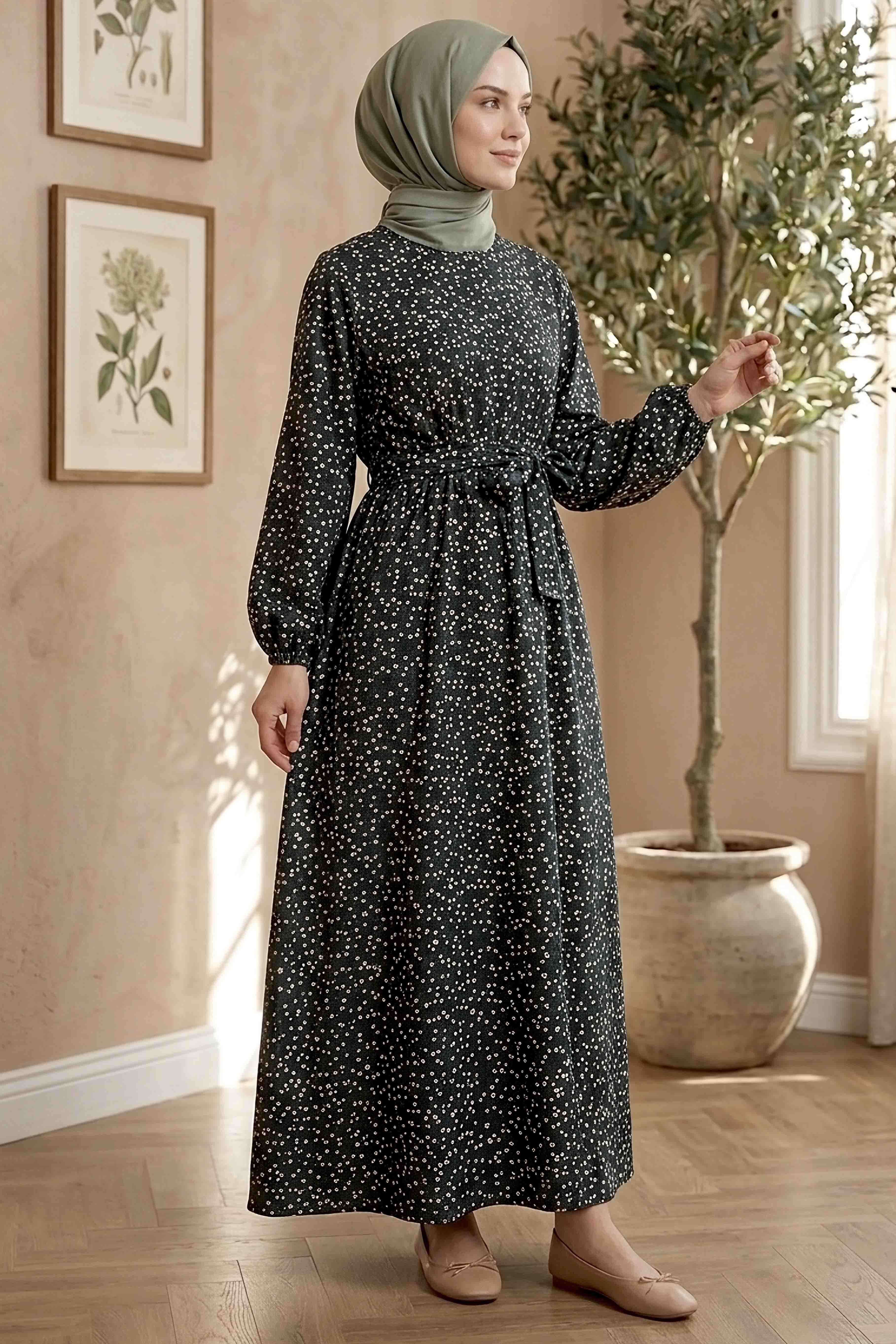 Çıtır Çiçek Desenli Beli Lastikli Elbise - 28355-SIYAH - 3