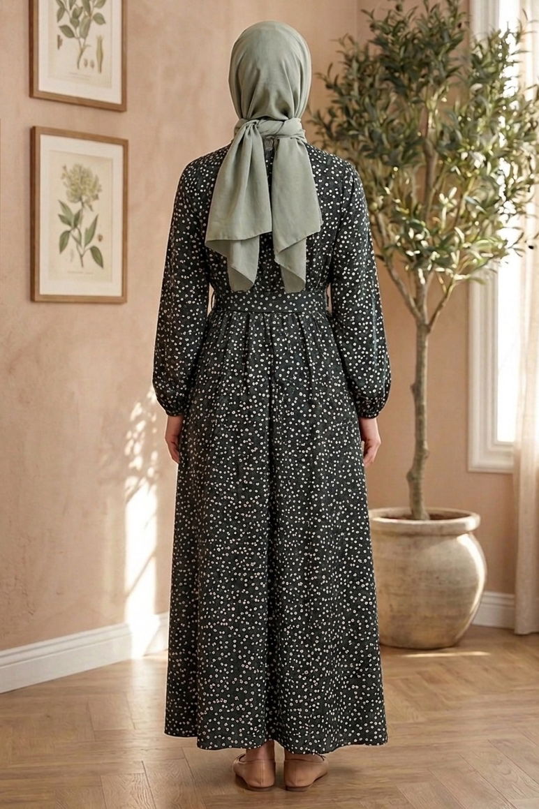 Çıtır Çiçek Desenli Beli Lastikli Elbise - 28355-SIYAH - 4