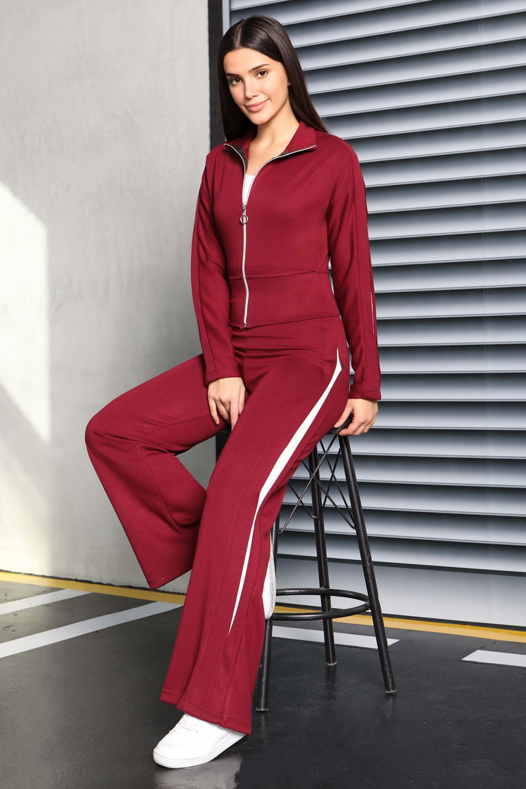 Çizgi Detaylı Garnili Modal İkili Takım - 27881-BORDO - TOFİSA