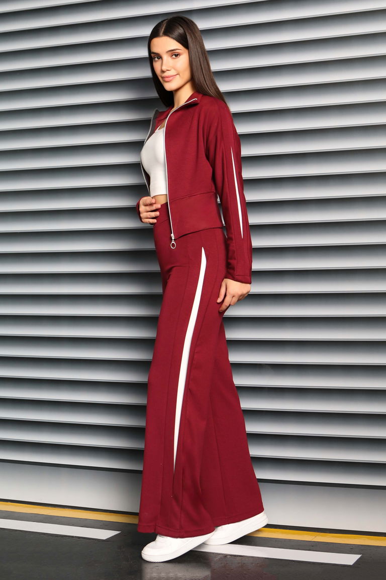 Çizgi Detaylı Garnili Modal İkili Takım - 27881-BORDO - TOFİSA
