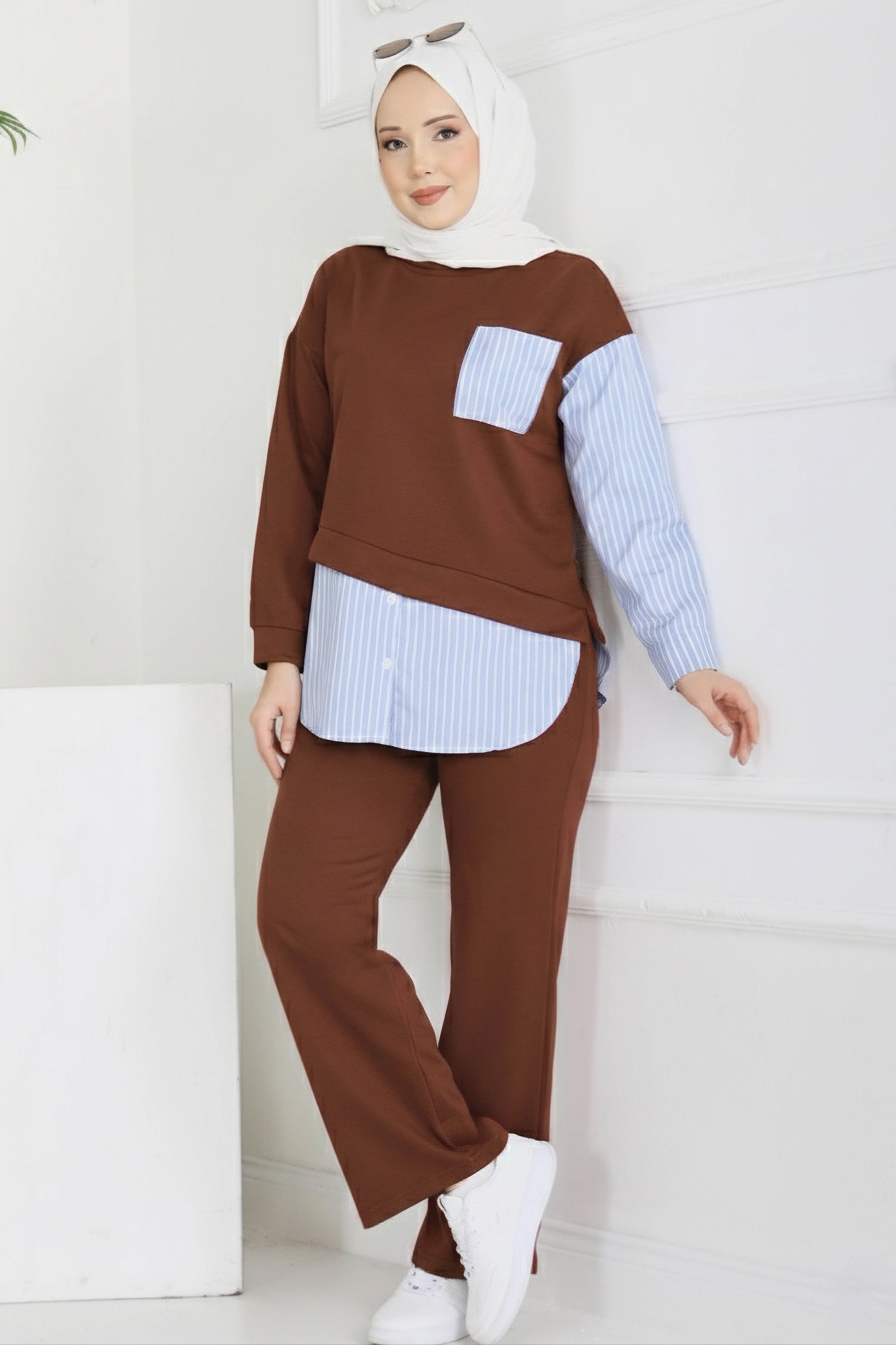 Çizgi Detaylı İkili Takım - 2067-KAHVE - 2