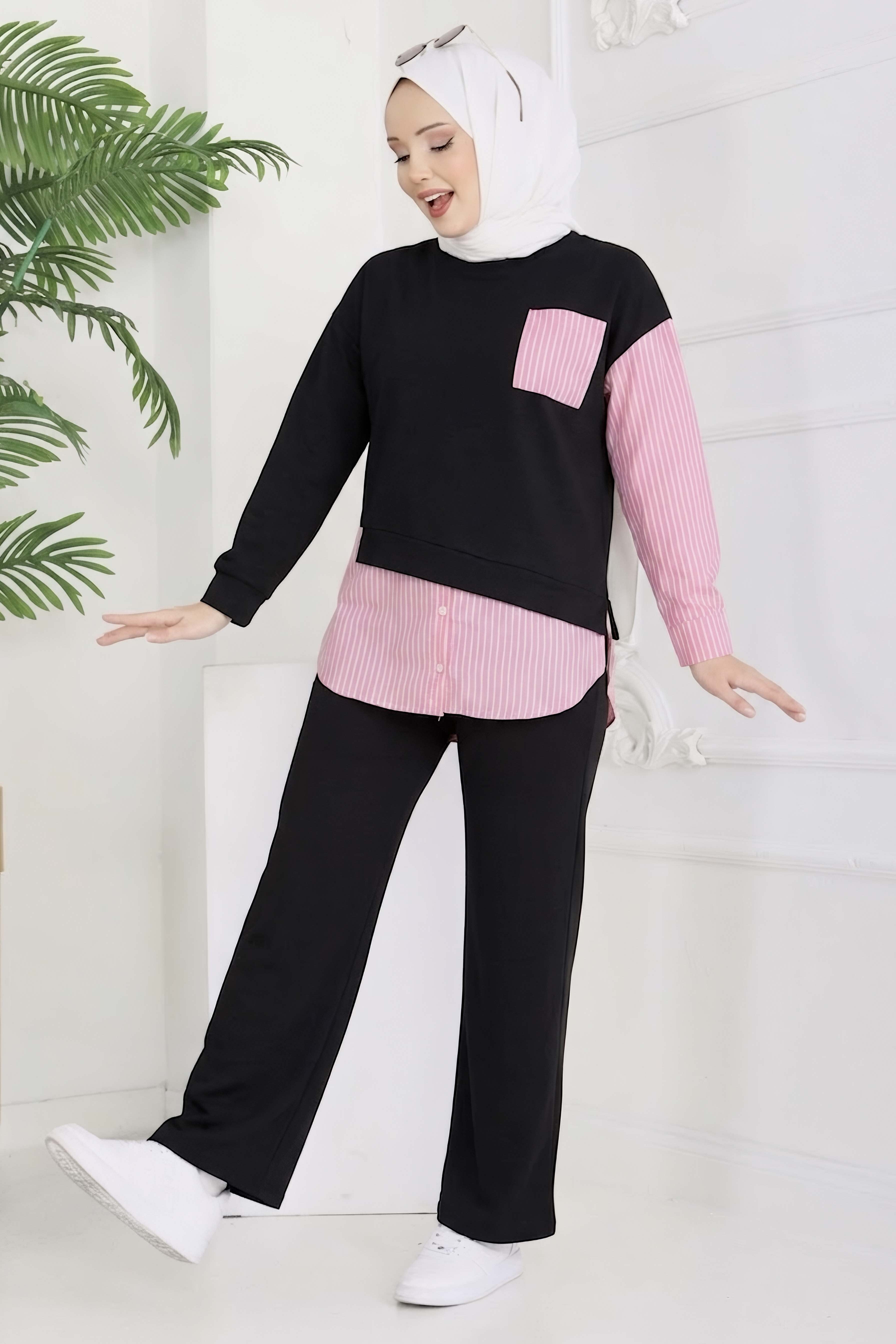 Çizgi Detaylı İkili Takım Siyah Pembe - 2067-SIYAH-PEMBE - 1