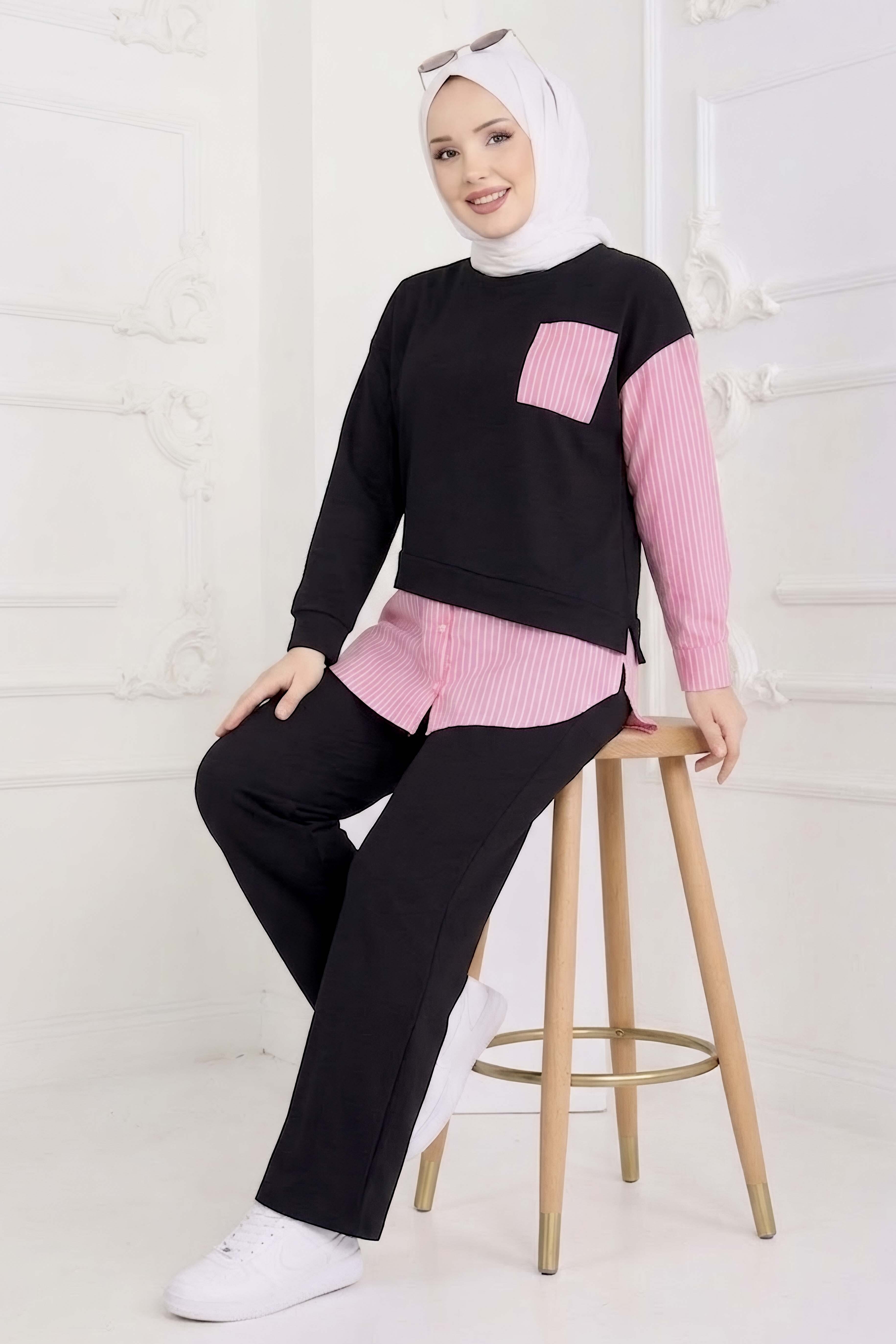 Çizgi Detaylı İkili Takım Siyah Pembe - 2067-SIYAH-PEMBE - 2