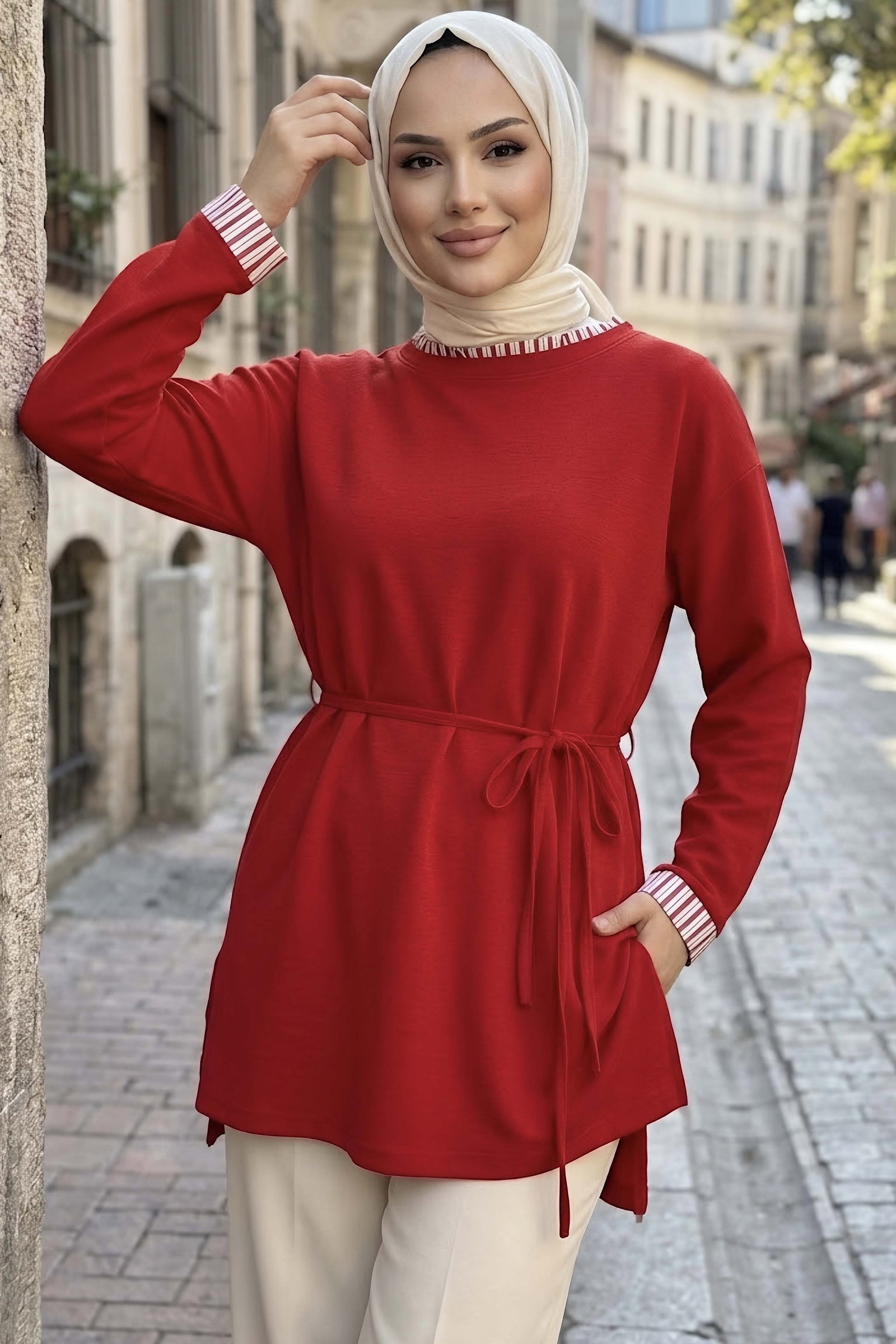 Çizgi Detaylı Oysh Modal Sweat Tunik Kirmizi - 29012-KIRMIZI - 1