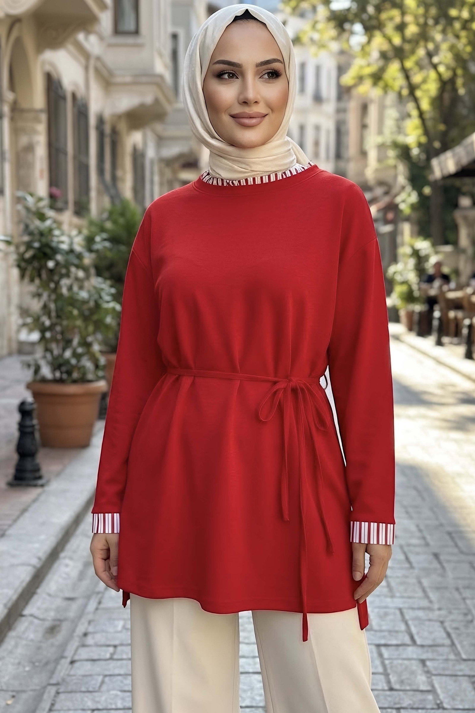 Çizgi Detaylı Oysh Modal Sweat Tunik Kirmizi - 29012-KIRMIZI - 2