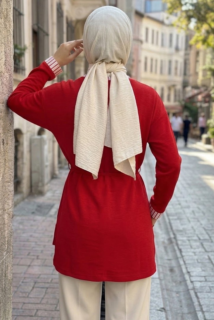 Çizgi Detaylı Oysh Modal Sweat Tunik Kirmizi - 29012-KIRMIZI - 4