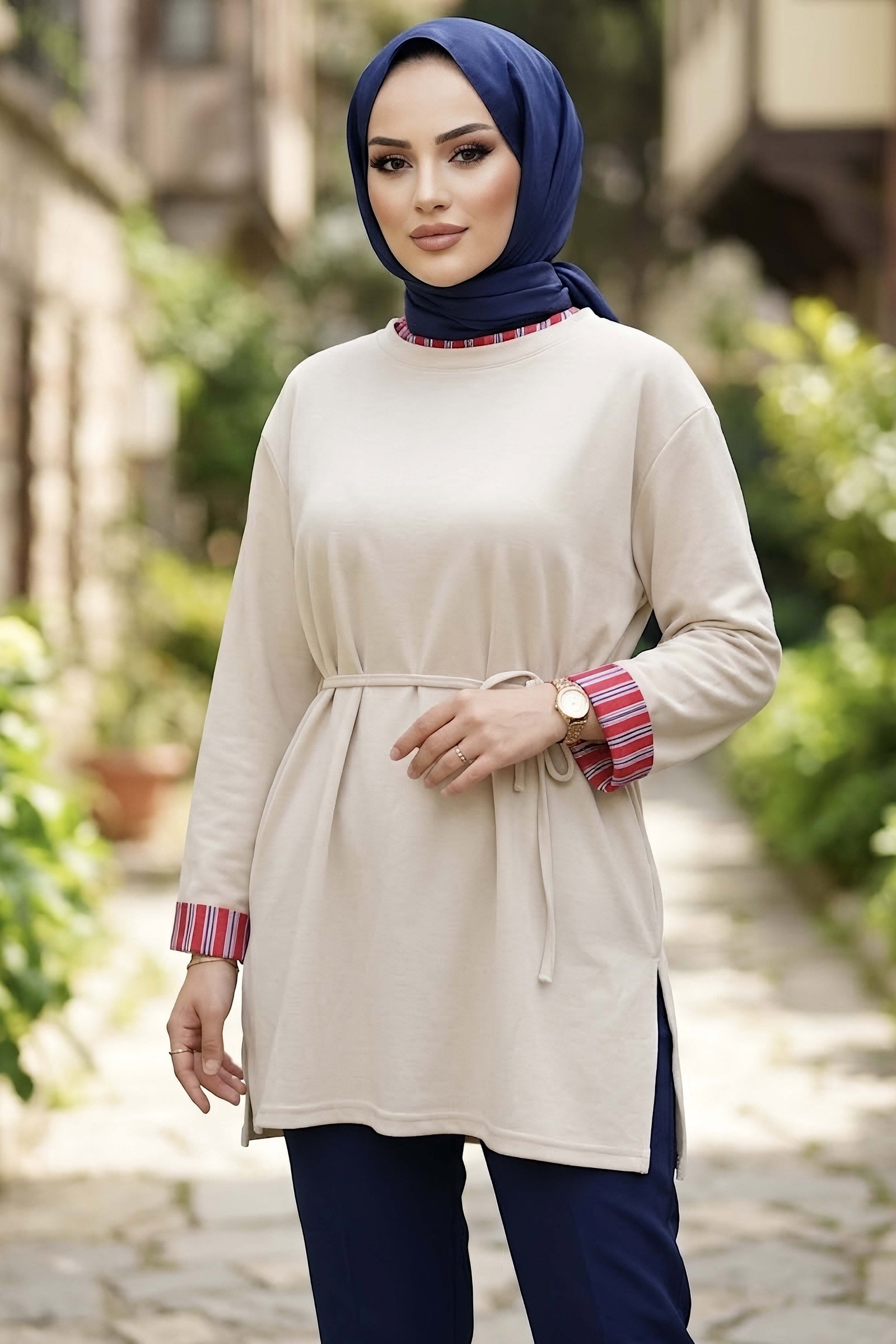 Çizgi Detaylı Oysh Modal Sweat Tunik Krem - 29012-KREM - 1