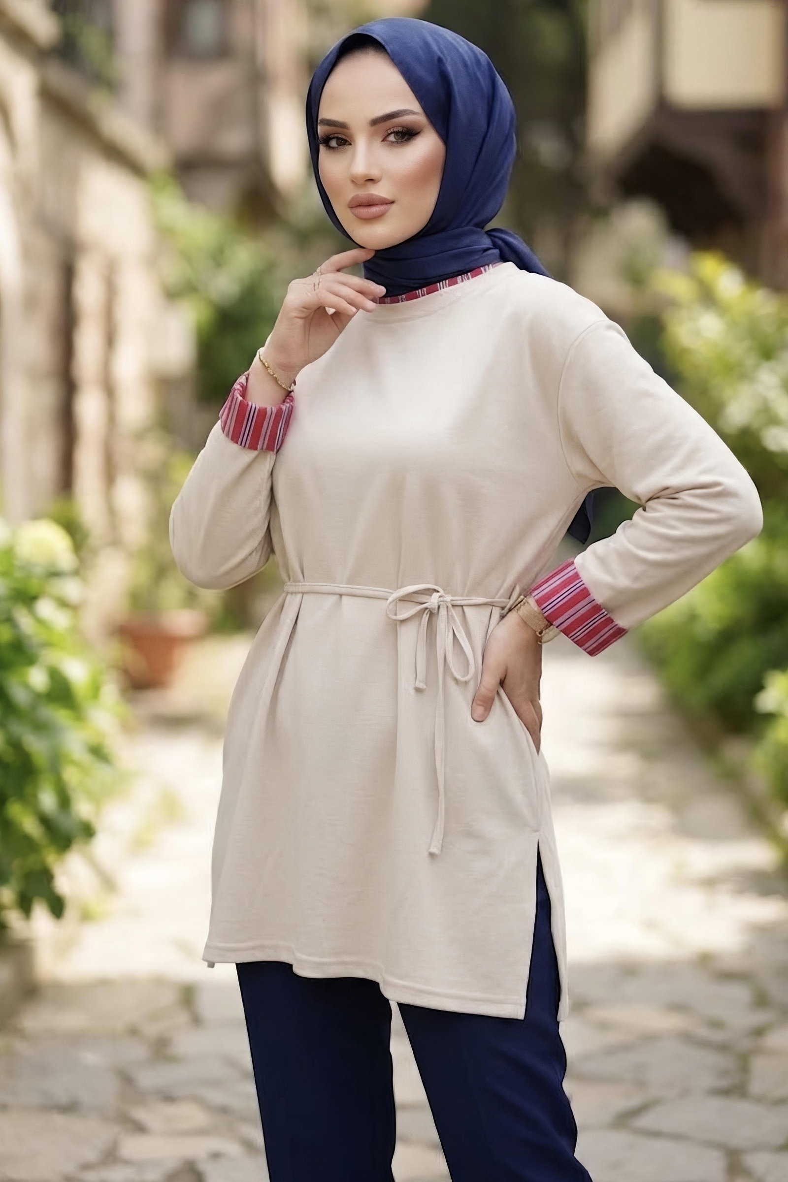 Çizgi Detaylı Oysh Modal Sweat Tunik Krem - 29012-KREM - 2