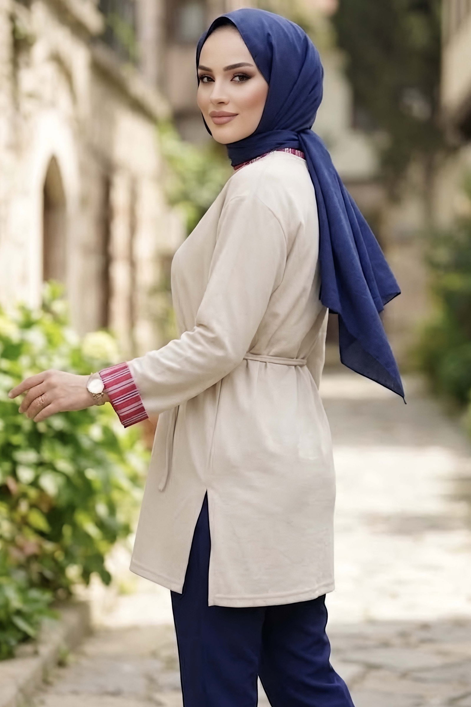 Çizgi Detaylı Oysh Modal Sweat Tunik Krem - 29012-KREM - 4