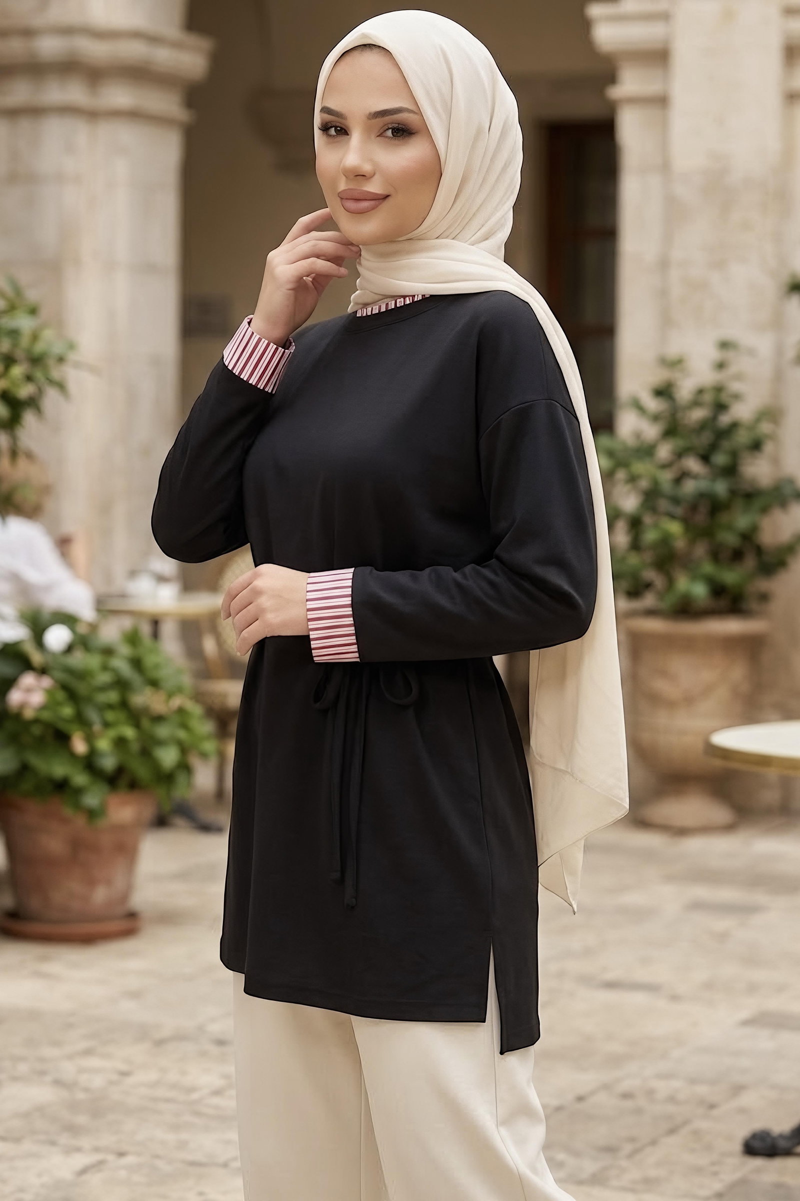 Çizgi Detaylı Oysh Modal Sweat Tunik Siyah - 29012-SIYAH - 2