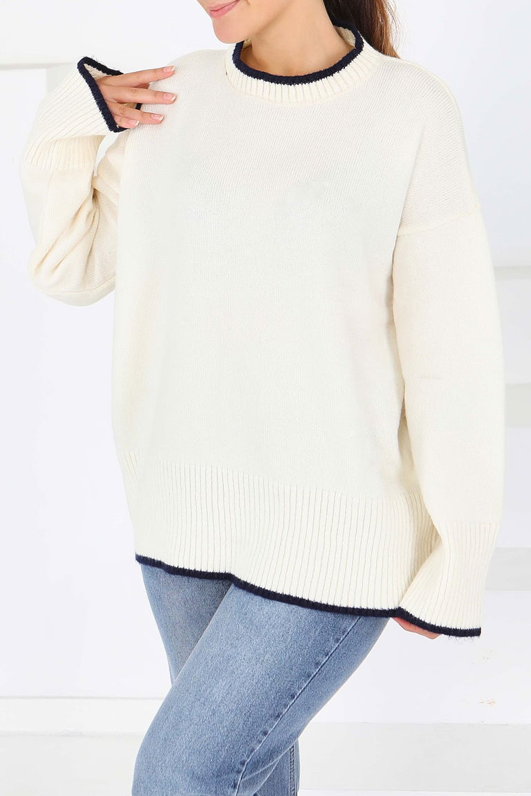 Çizgi Detaylı Triko Kazak - 27720-EKRU - TOFİSA