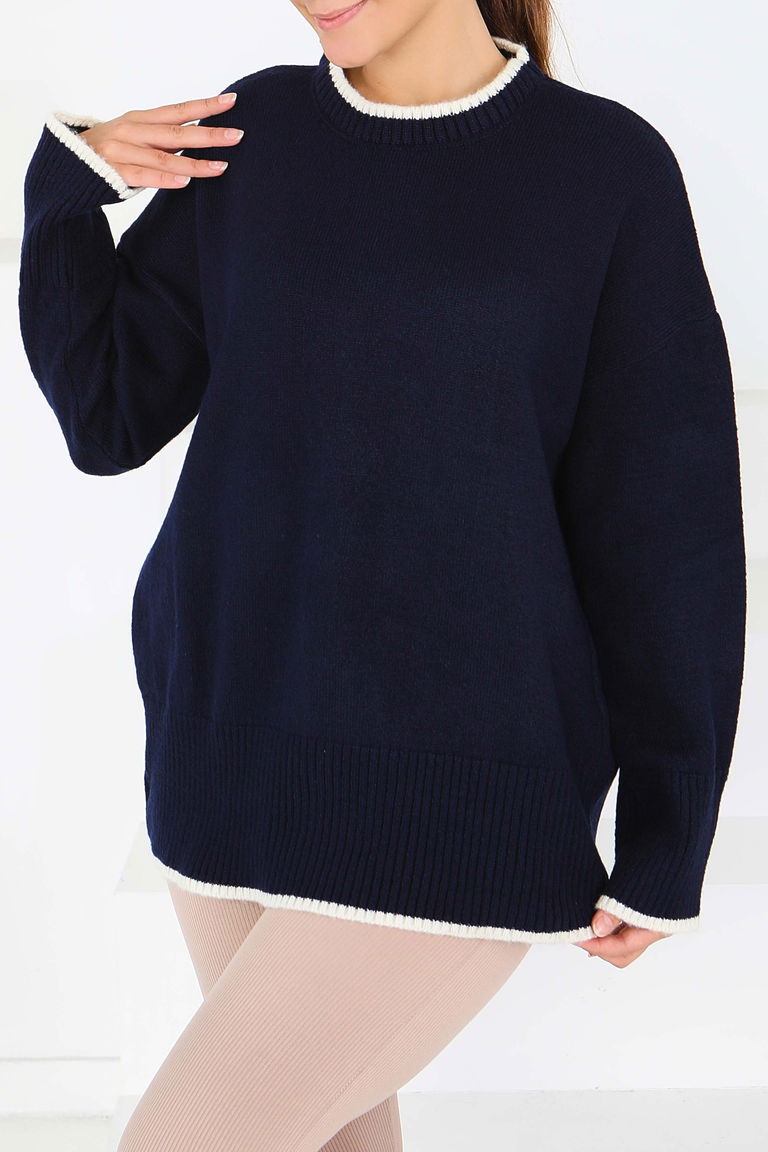 Çizgi Detaylı Triko Kazak - 27720-LACIVERT - TOFİSA