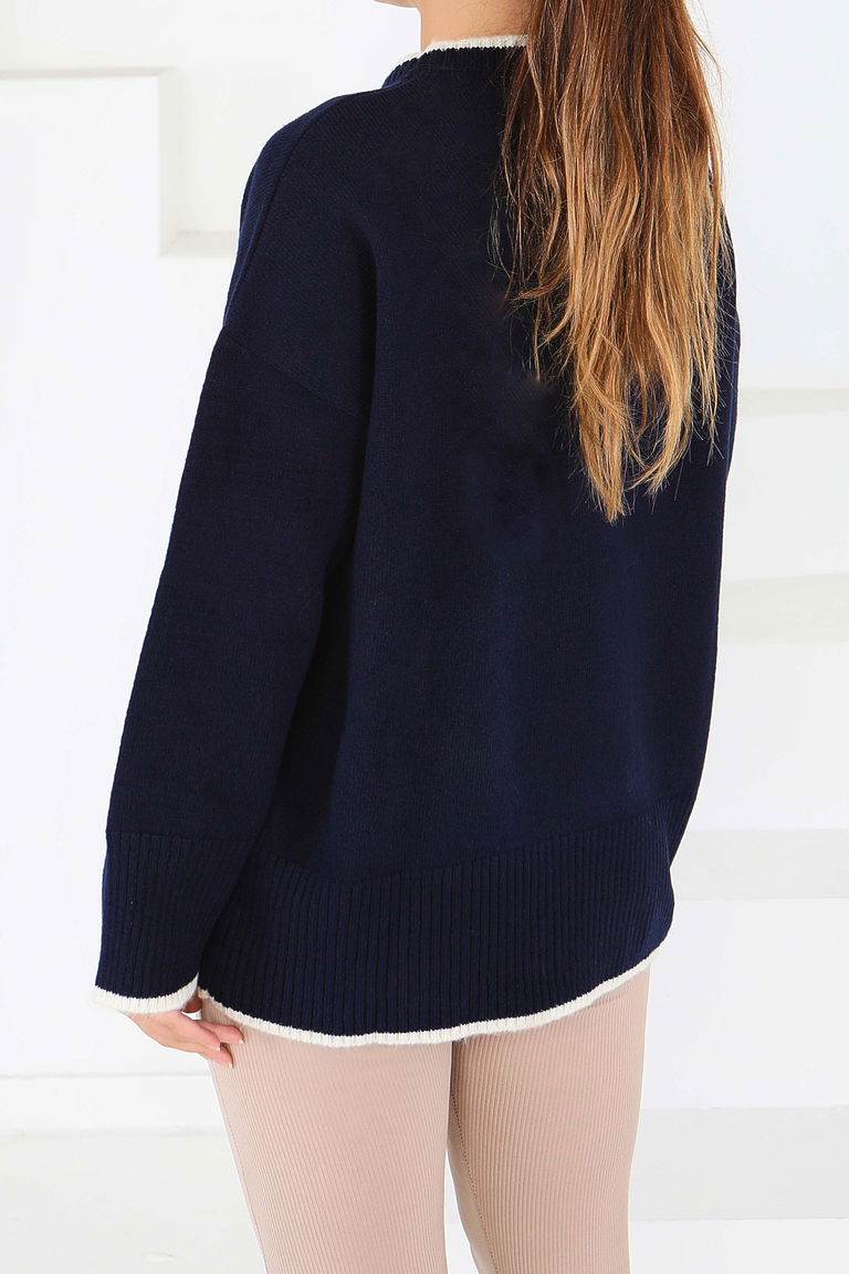 Çizgi Detaylı Triko Kazak - 27720-LACIVERT - TOFİSA