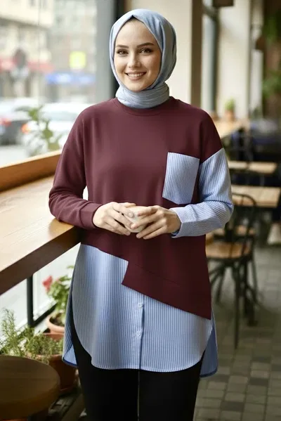 Çizgi Garnili Modal Tunik - 1010-BORDO 