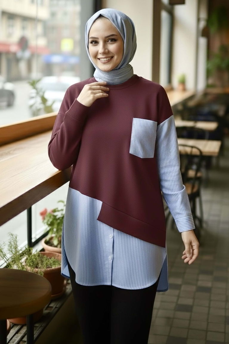 Çizgi Garnili Modal Tunik - 1010-BORDO - TOFİSA