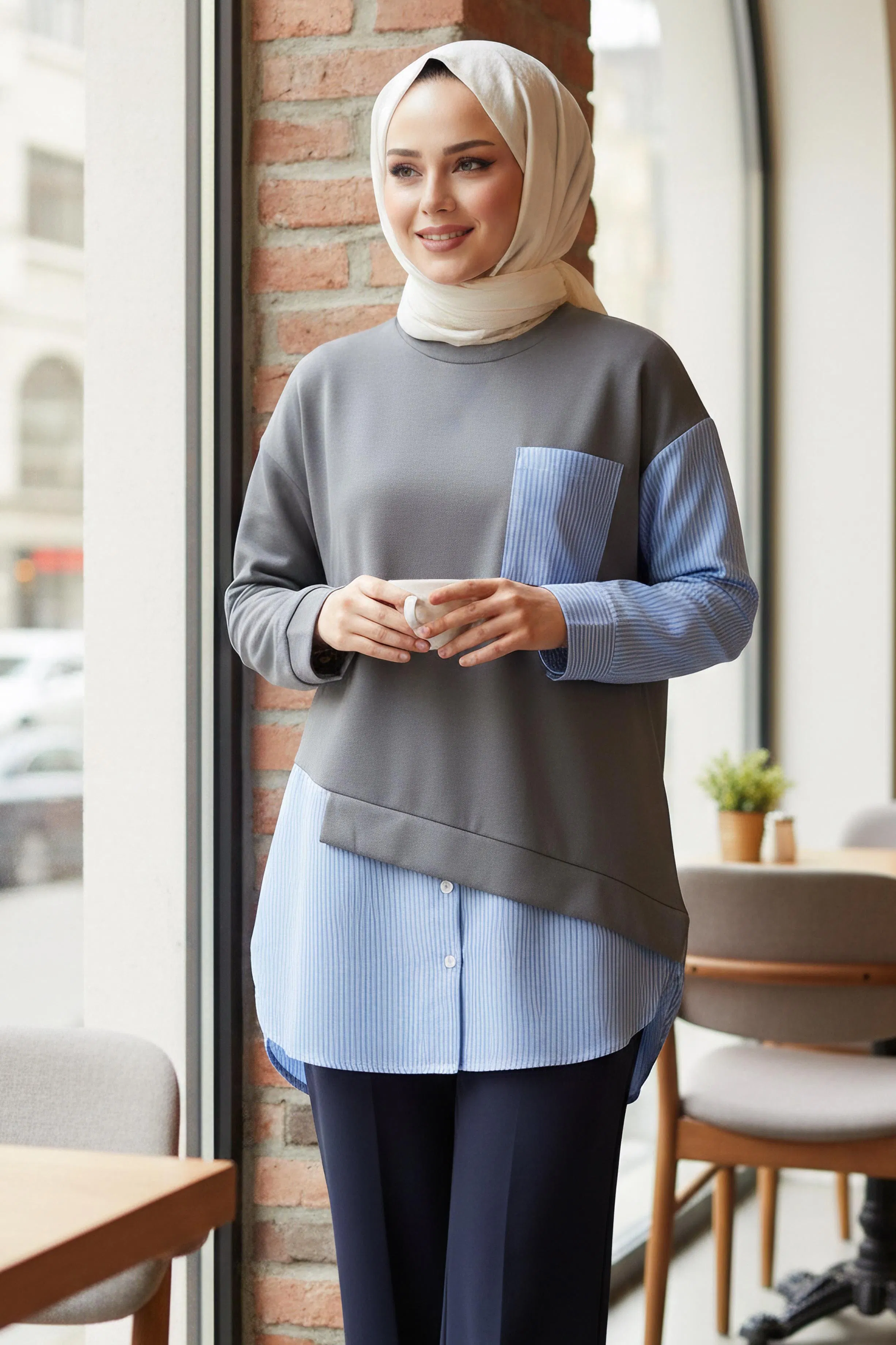 Çizgi Garnili Modal Tunik - 1010-FUME - 1