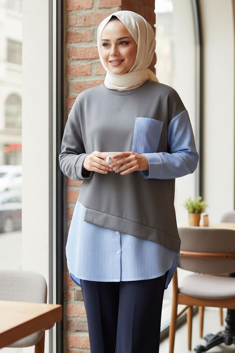 Çizgi Garnili Modal Tunik - 1010-FUME - TOFİSA