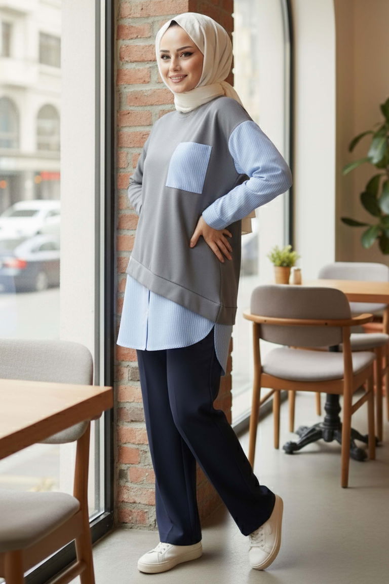 Çizgi Garnili Modal Tunik - 1010-FUME - TOFİSA