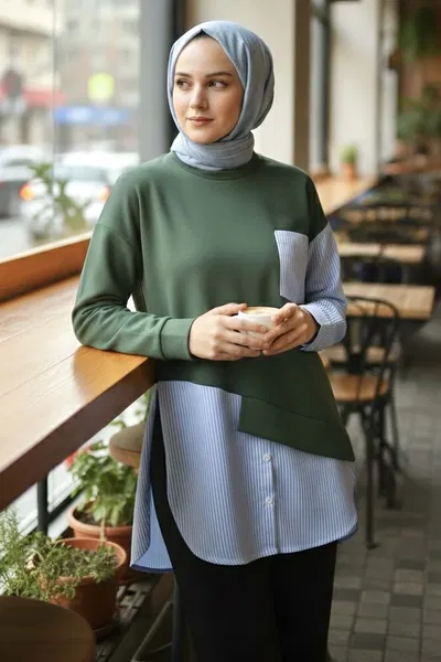 Çizgi Garnili Modal Tunik - 1010-HAKI 