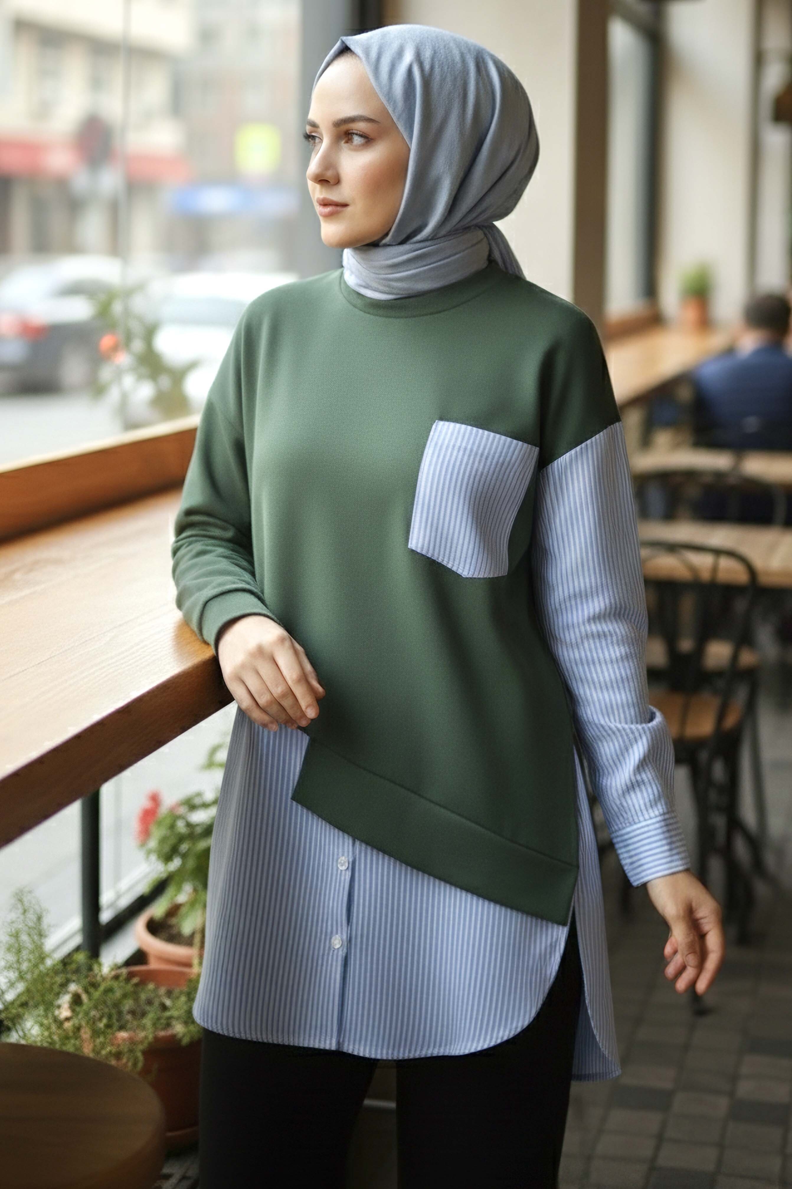 Çizgi Garnili Modal Tunik - 1010-HAKI - 2