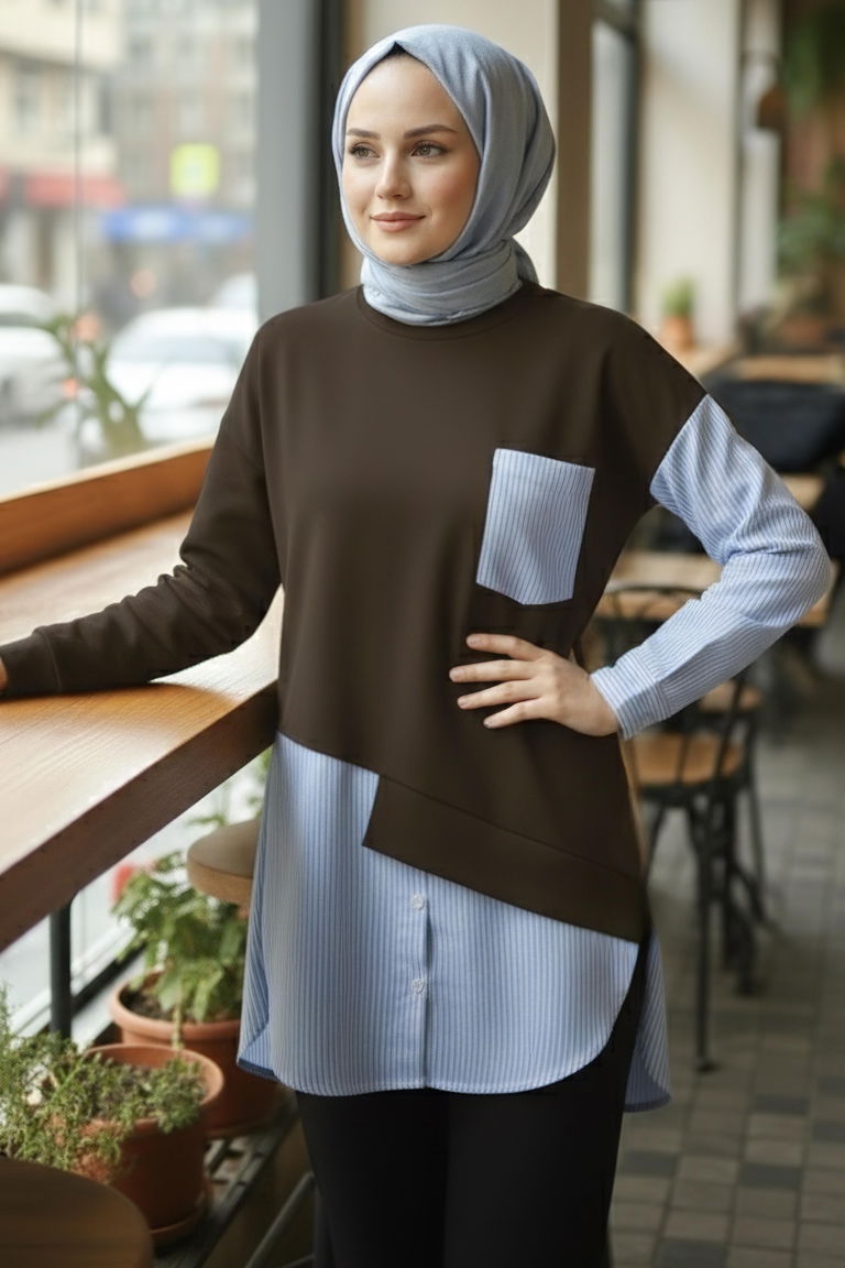 Çizgi Garnili Modal Tunik - 1010-KAHVE - TOFİSA