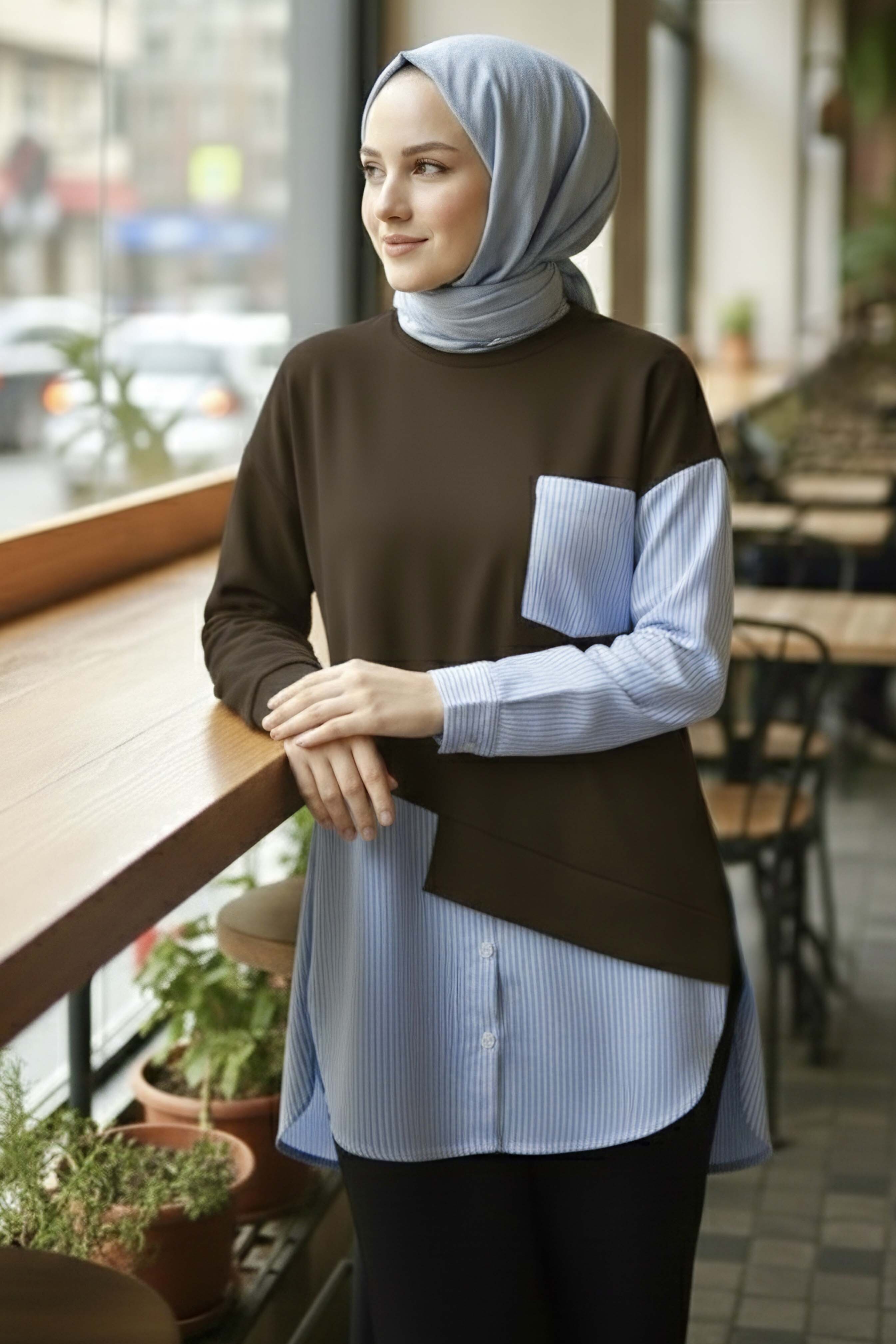 Çizgi Garnili Modal Tunik - 1010-KAHVE - 2