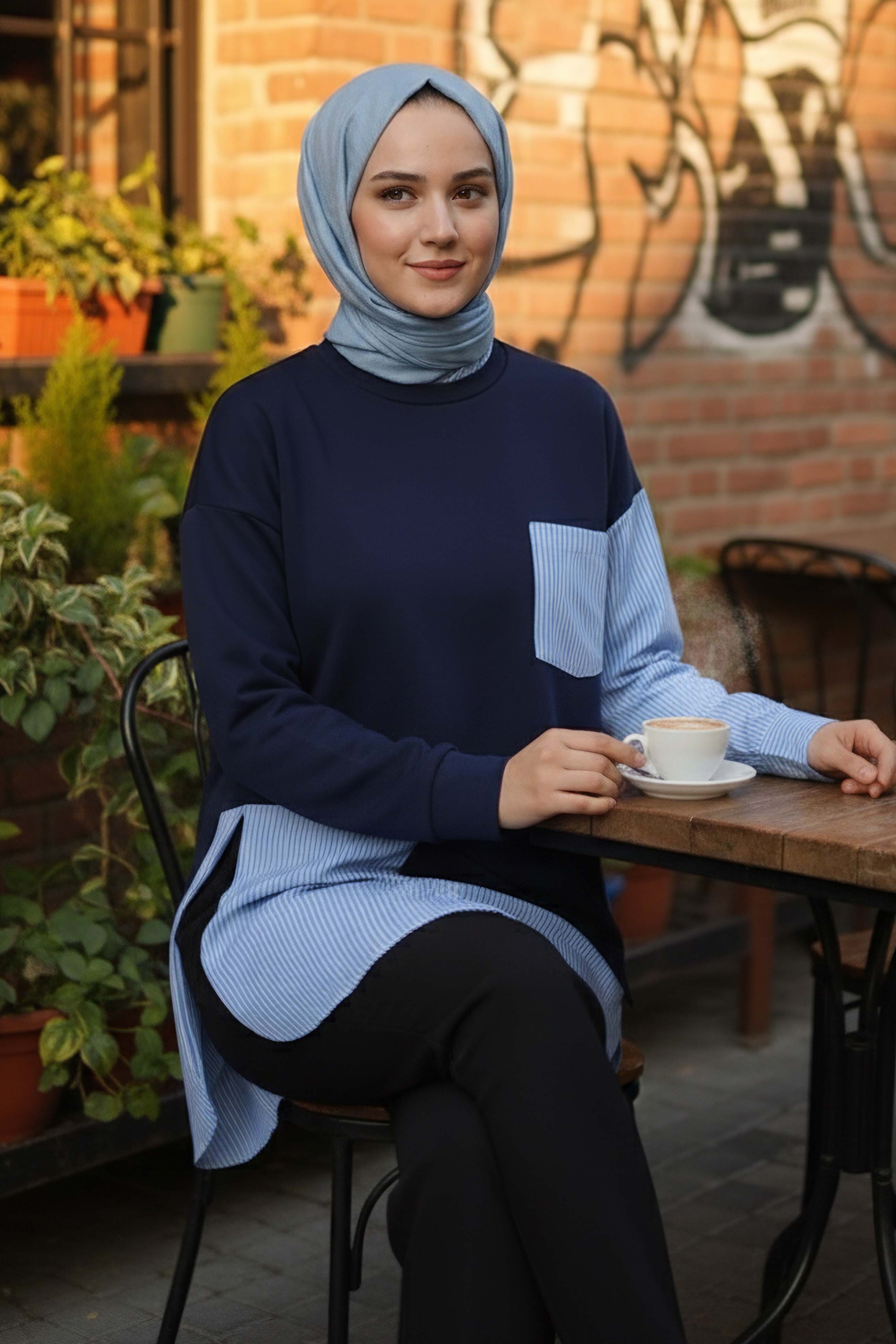 Çizgi Garnili Modal Tunik - 1010-LACIVERT - 1