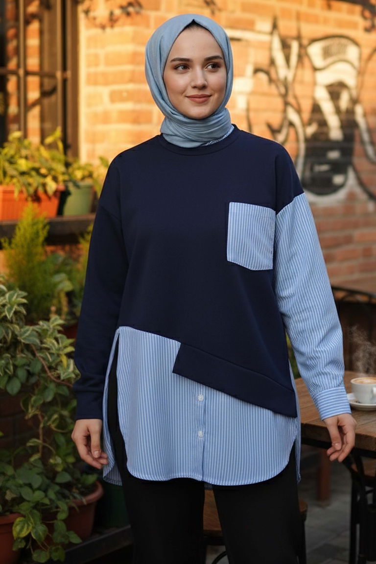 Çizgi Garnili Modal Tunik - 1010-LACIVERT - TOFİSA