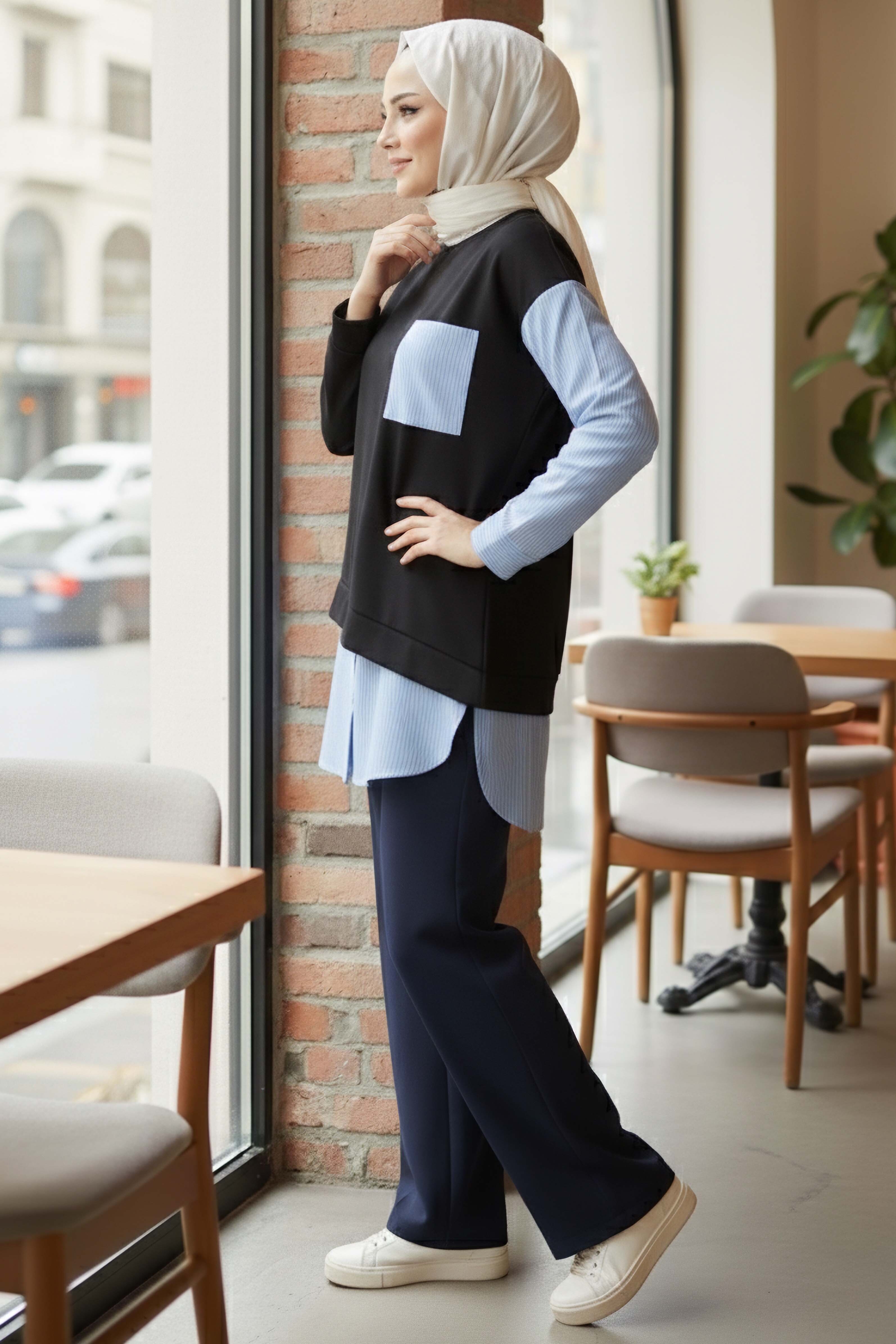 Çizgi Garnili Modal Tunik - 1010-SIYAH - 1