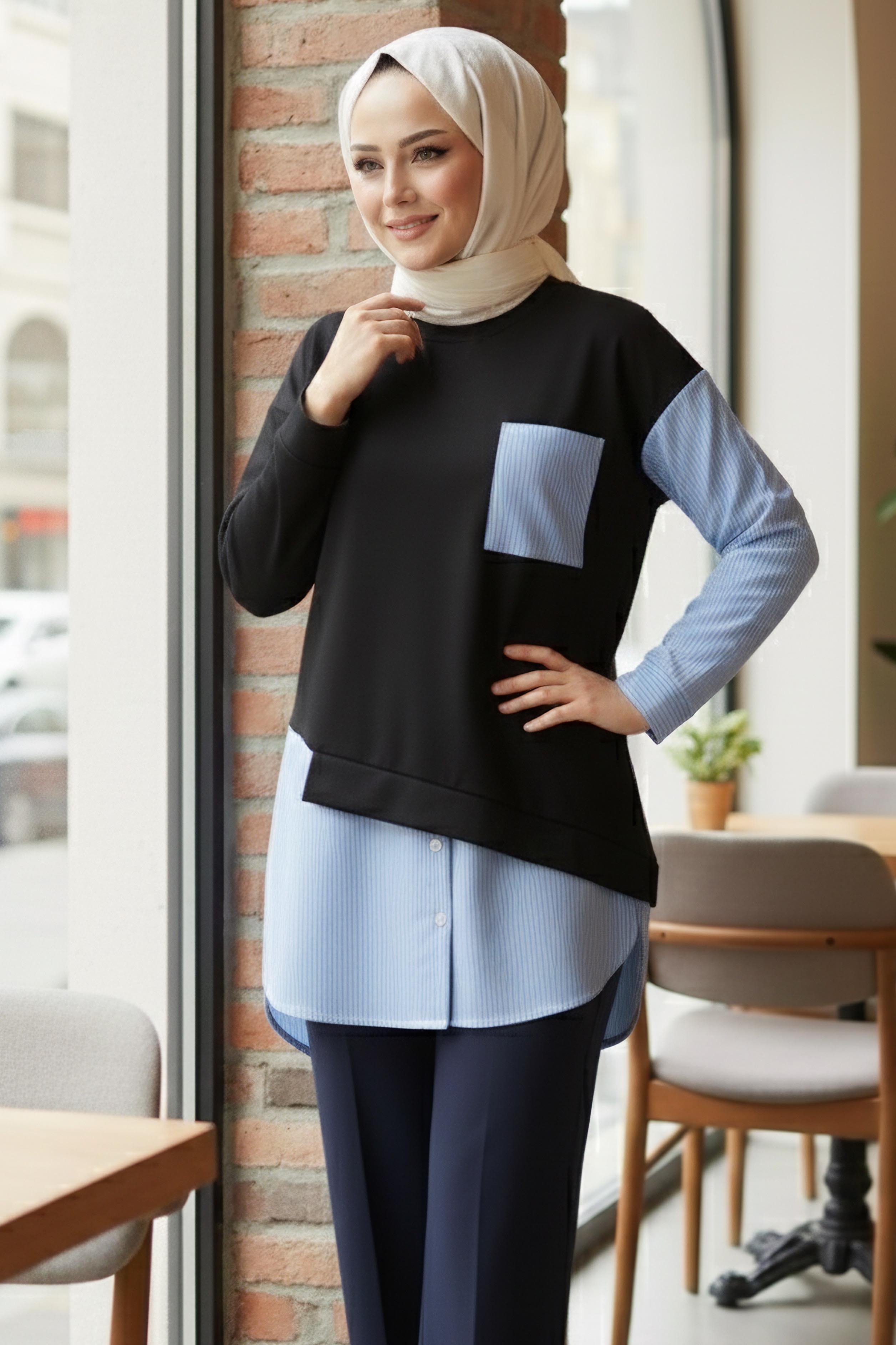 Çizgi Garnili Modal Tunik - 1010-SIYAH - 2