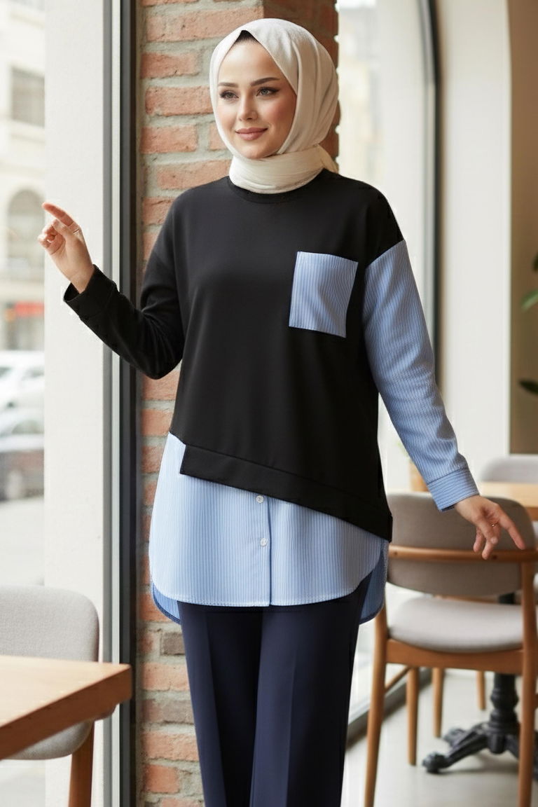 Çizgi Garnili Modal Tunik - 1010-SIYAH - TOFİSA