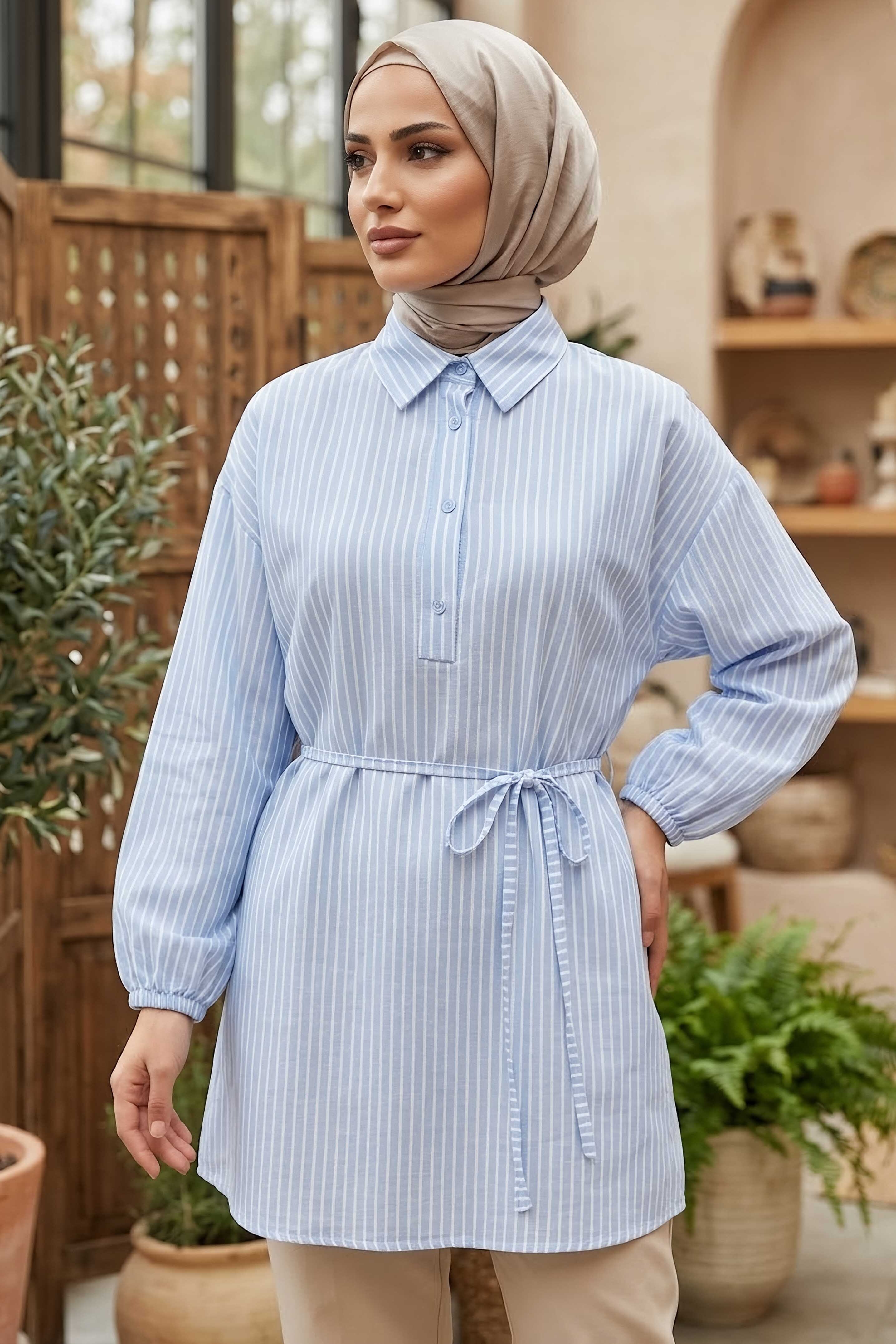 Çizgili Bağcıklı Düğmeli Tunik Bebe Mavi - 1332-BEBE-MAVI - 1