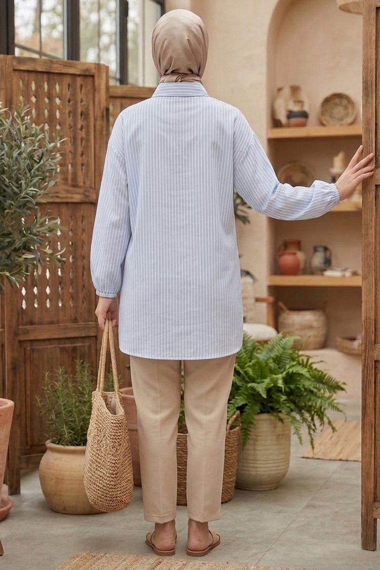 Çizgili Bağcıklı Düğmeli Tunik Bebe Mavi - 1332-BEBE-MAVI - 3