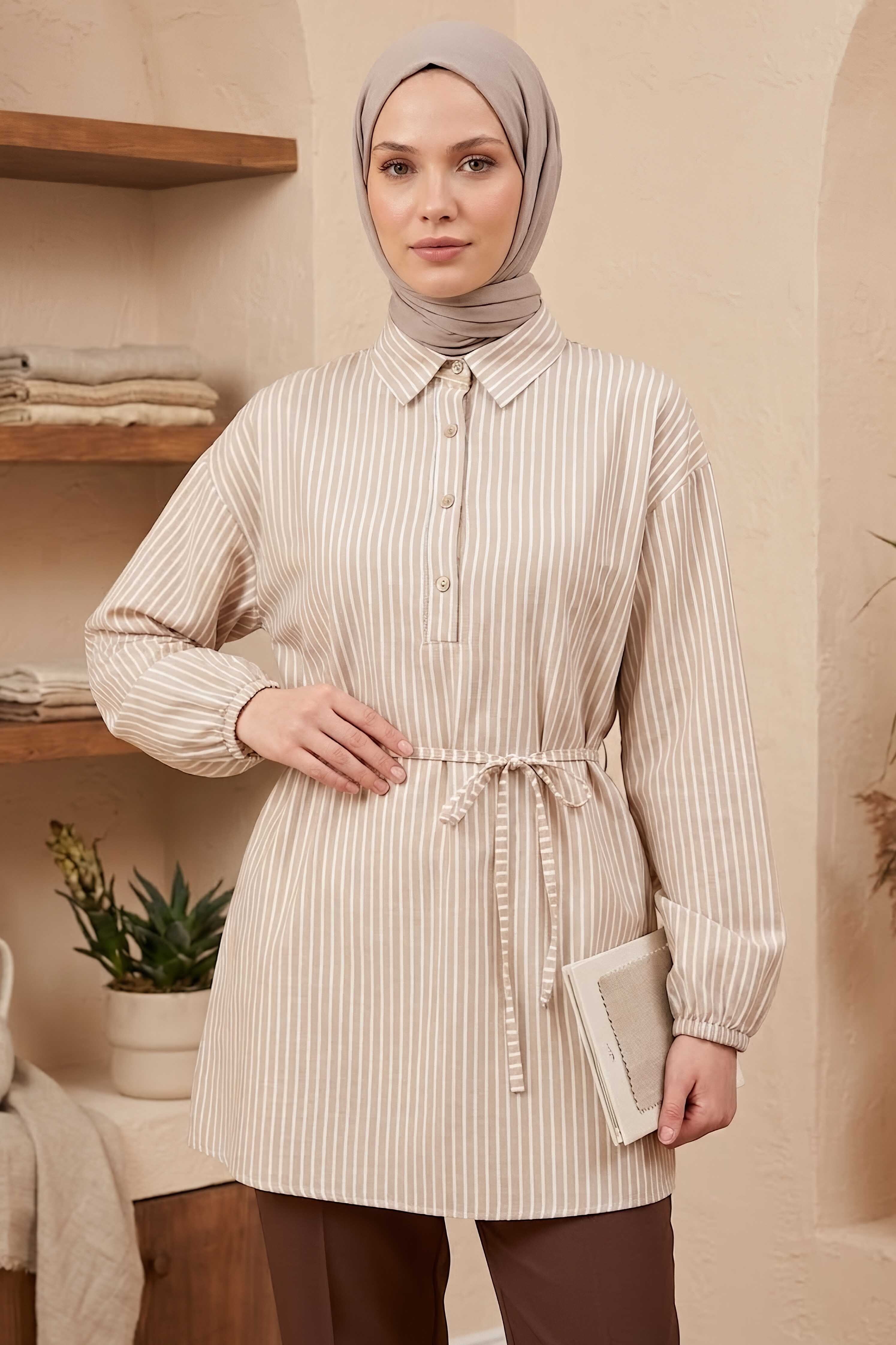 Çizgili Bağcıklı Düğmeli Tunik Krem - 1332-KREM - 1