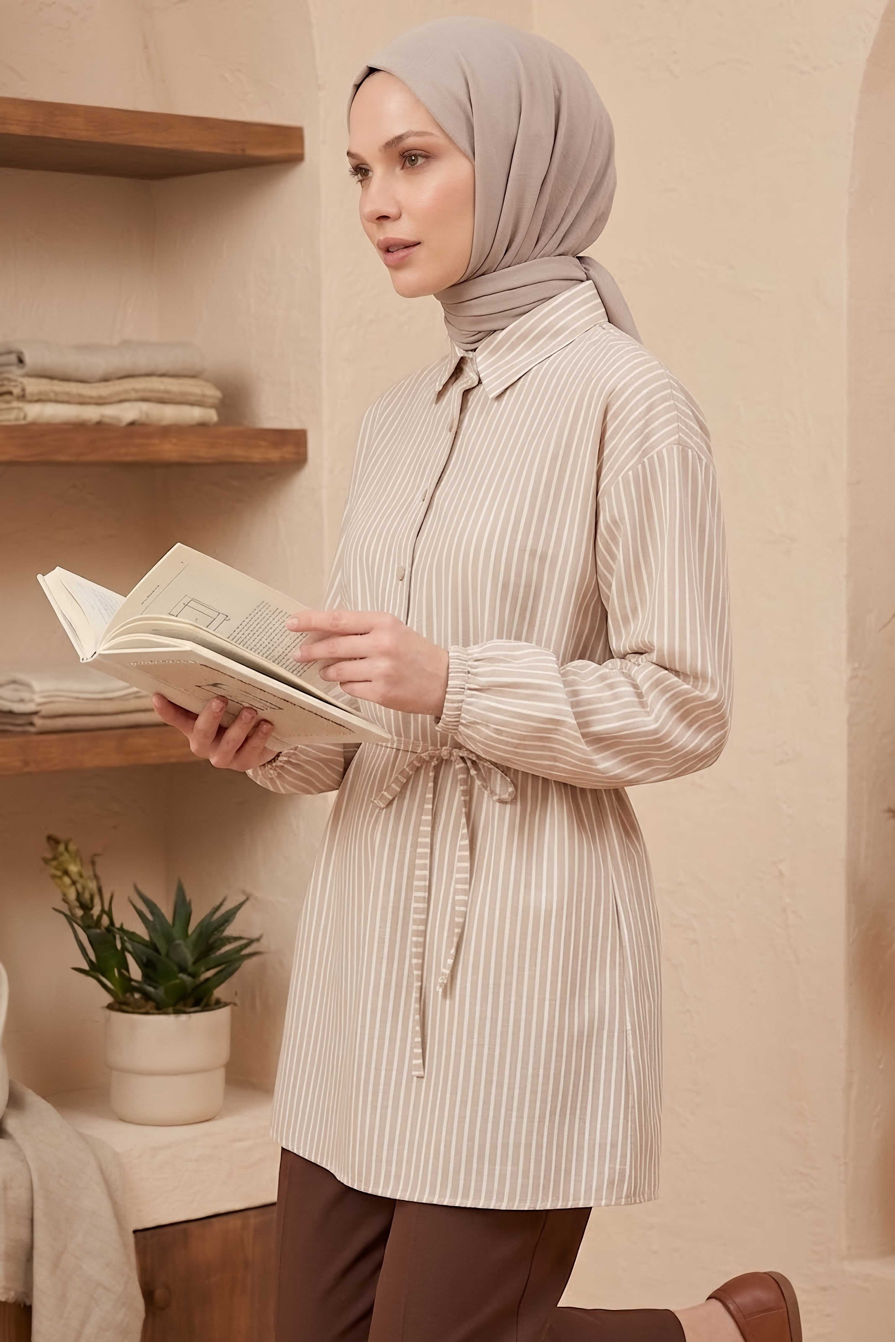 Çizgili Bağcıklı Düğmeli Tunik Krem - 1332-KREM - 2
