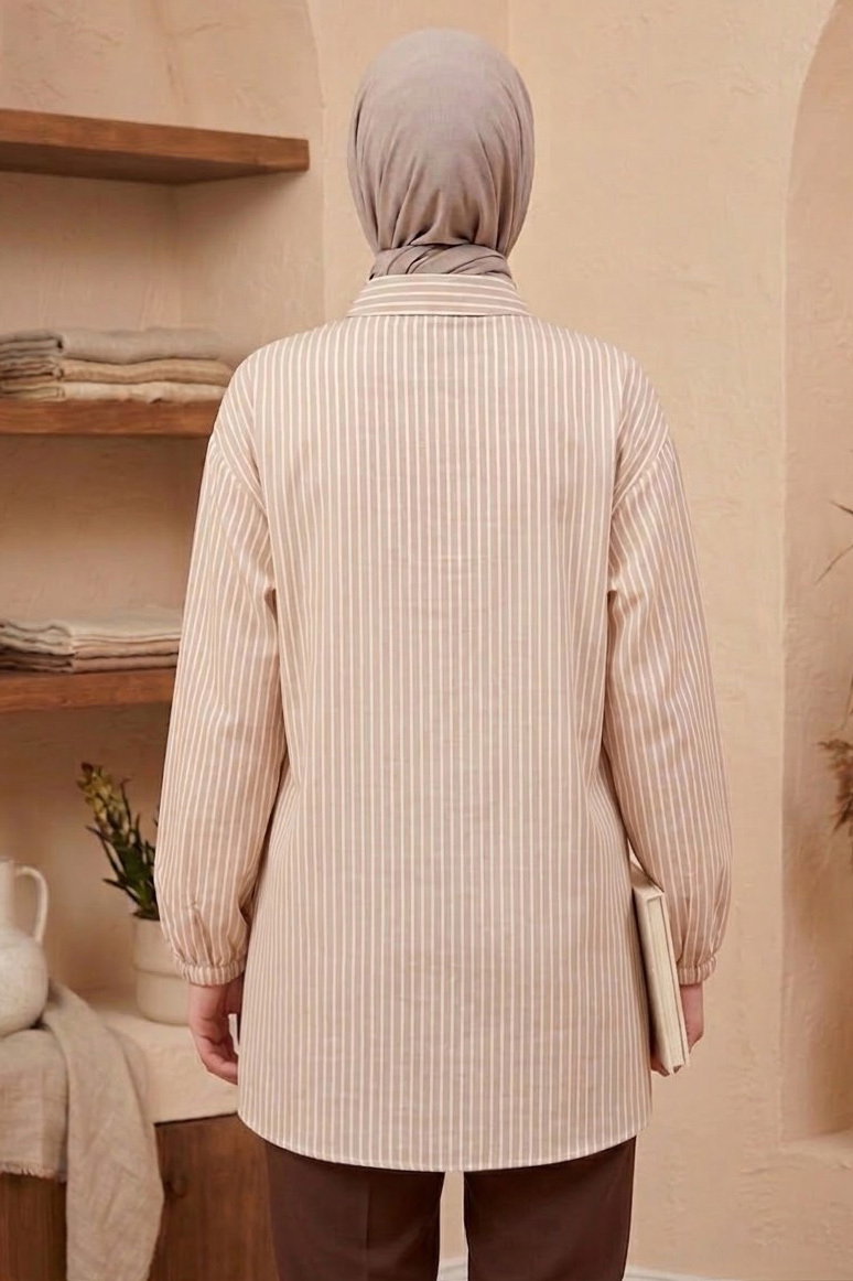 Çizgili Bağcıklı Düğmeli Tunik Krem - 1332-KREM - 3