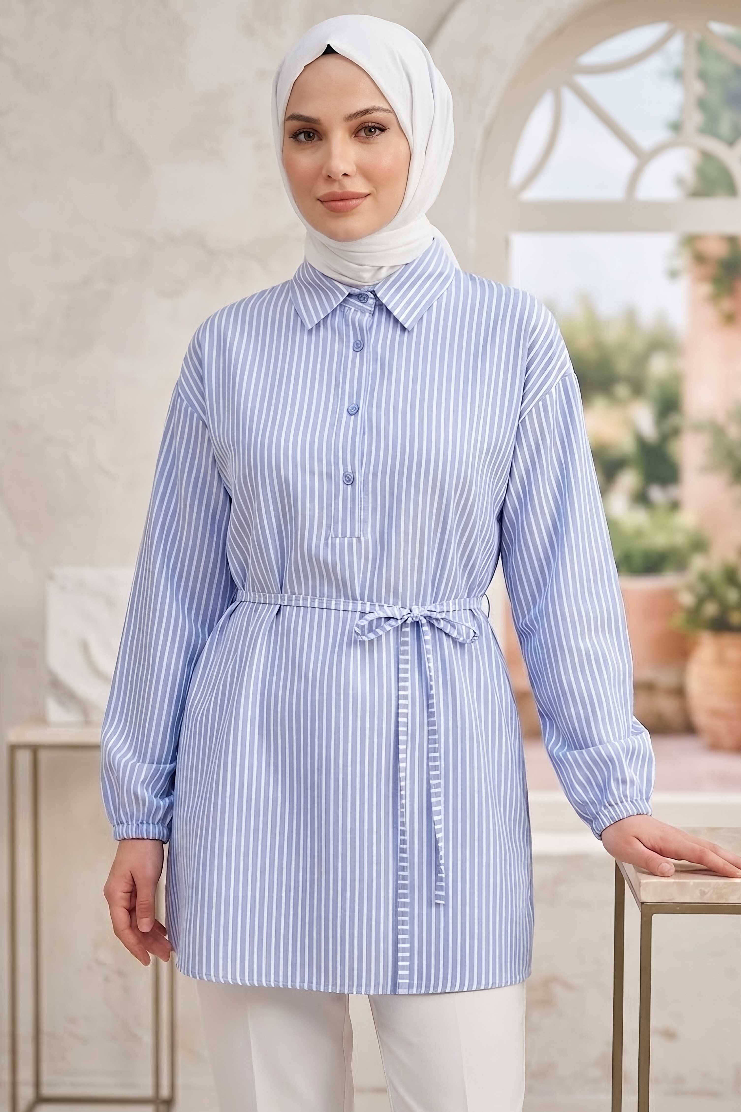 Çizgili Bağcıklı Düğmeli Tunik Mavi - 1332-MAVI - 1