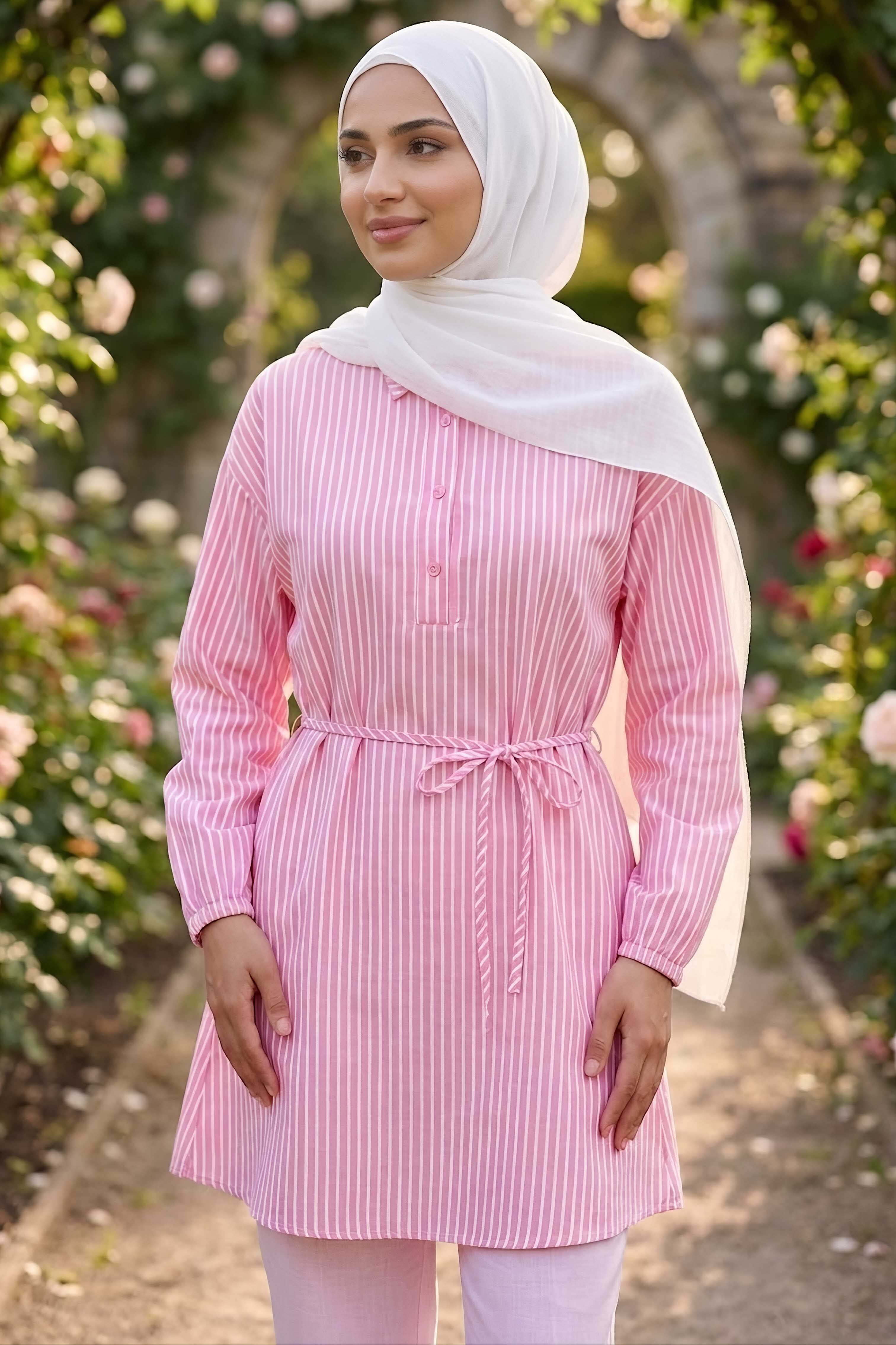 Çizgili Bağcıklı Düğmeli Tunik Pembe - 1332-PEMBE - 1