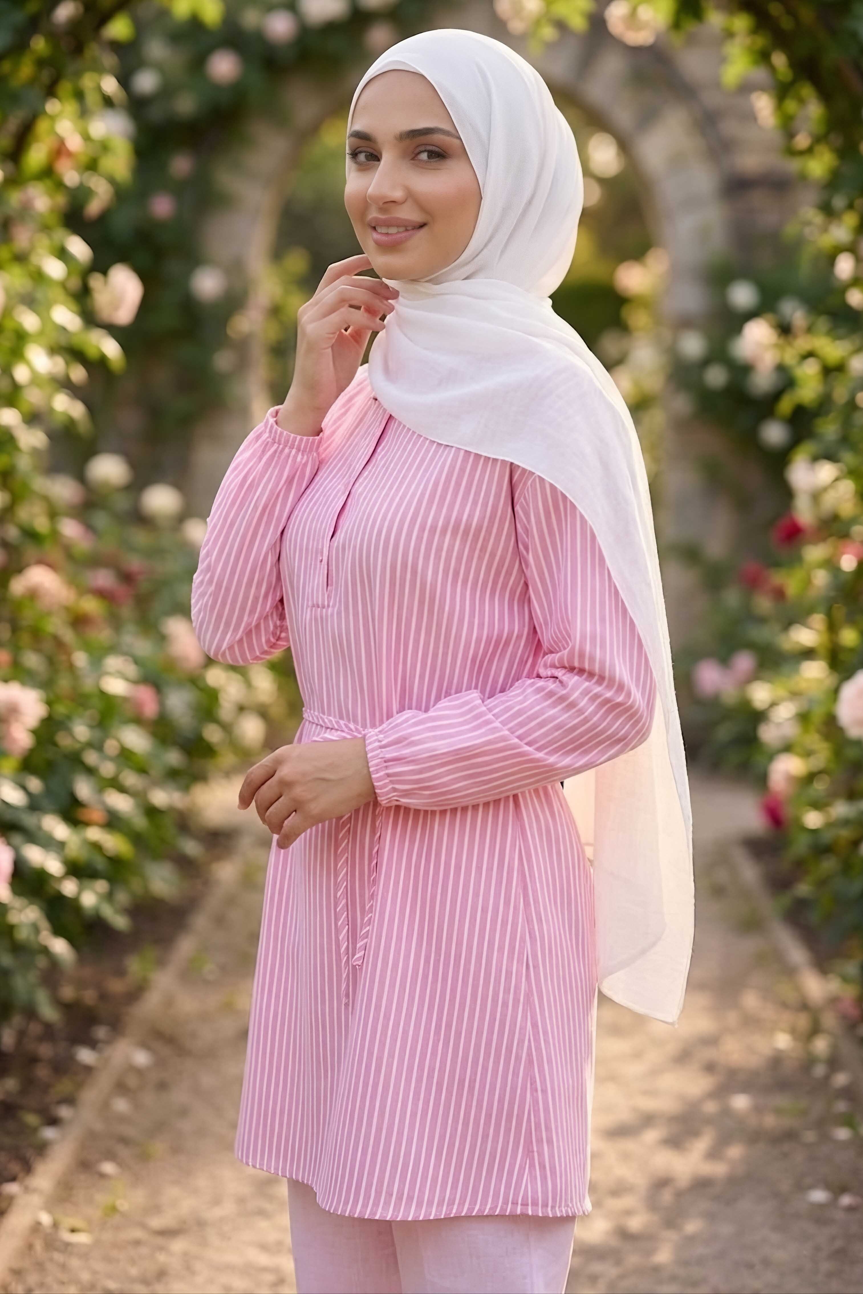 Çizgili Bağcıklı Düğmeli Tunik Pembe - 1332-PEMBE - 2