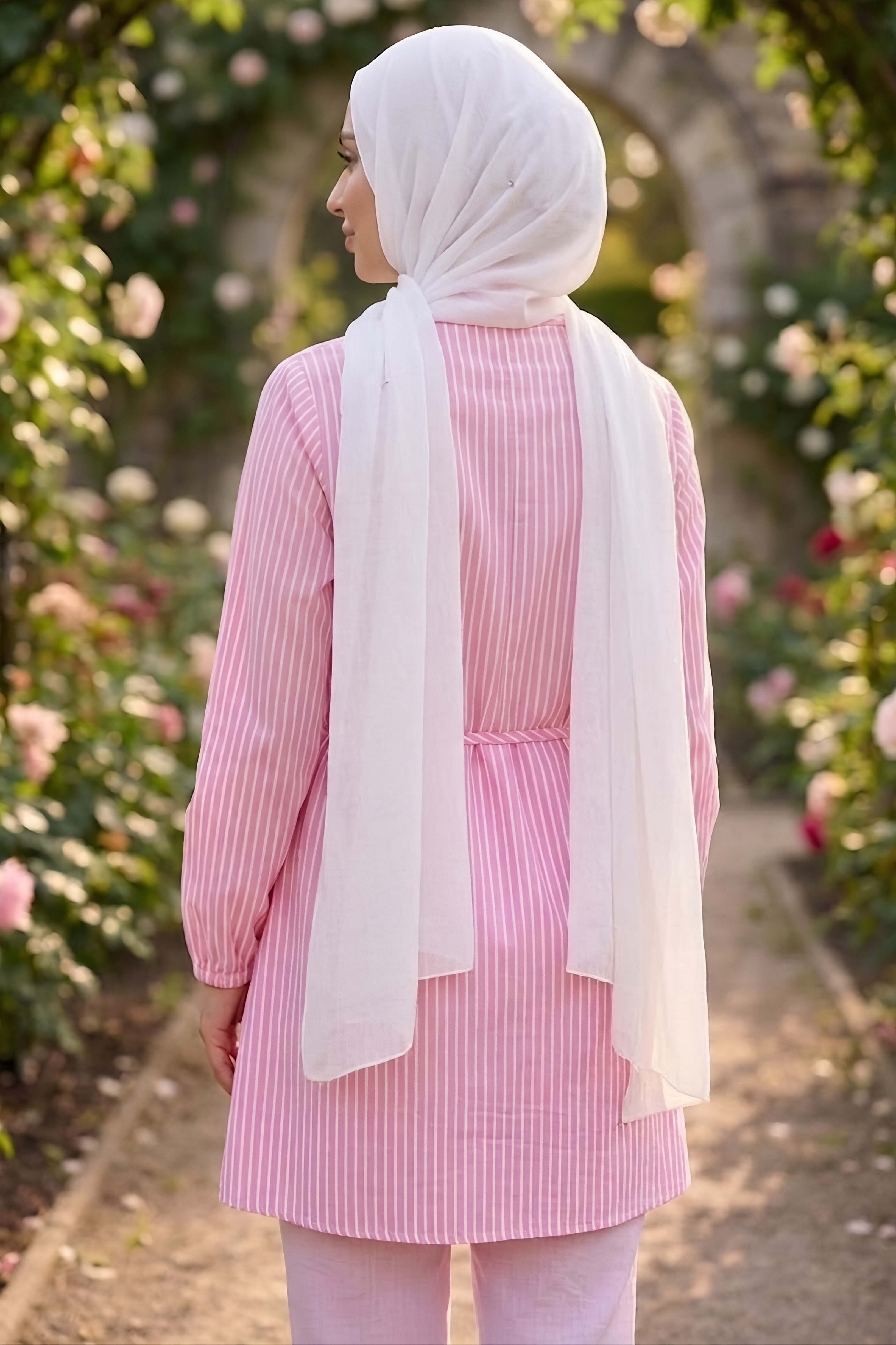 Çizgili Bağcıklı Düğmeli Tunik Pembe - 1332-PEMBE - 3