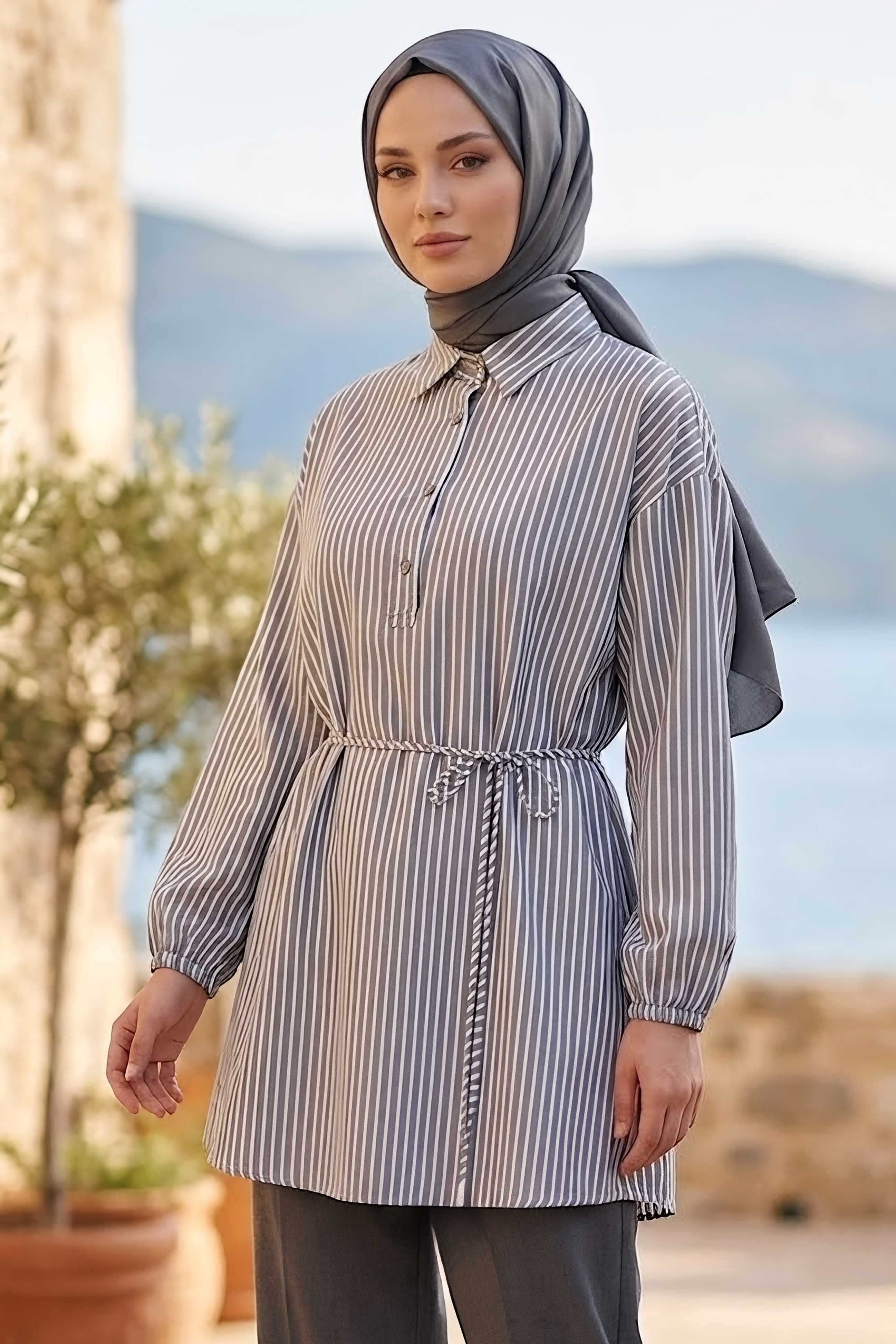 Çizgili Bağcıklı Düğmeli Tunik Siyah - 1332-SIYAH - 1