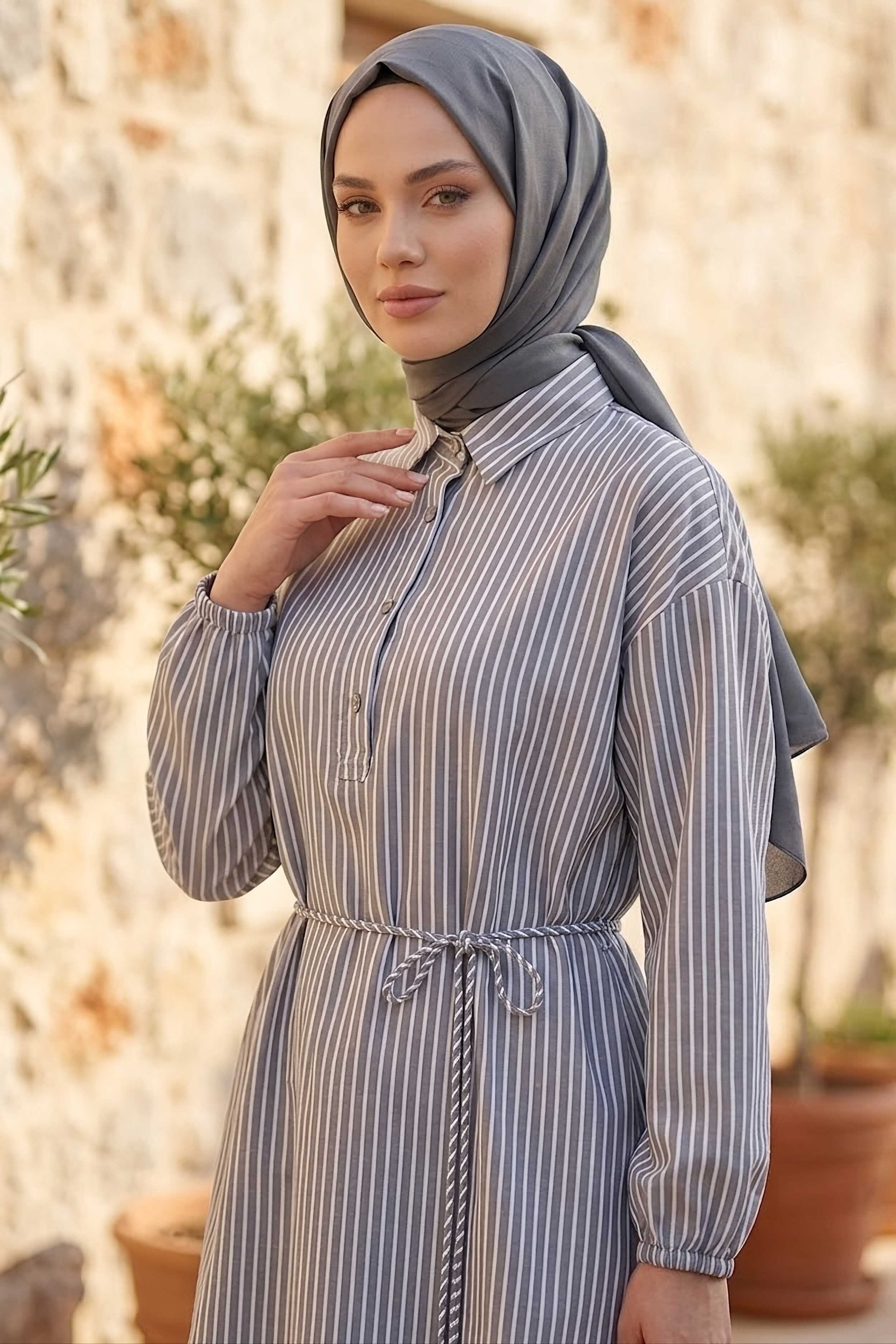 Çizgili Bağcıklı Düğmeli Tunik Siyah - 1332-SIYAH - 2