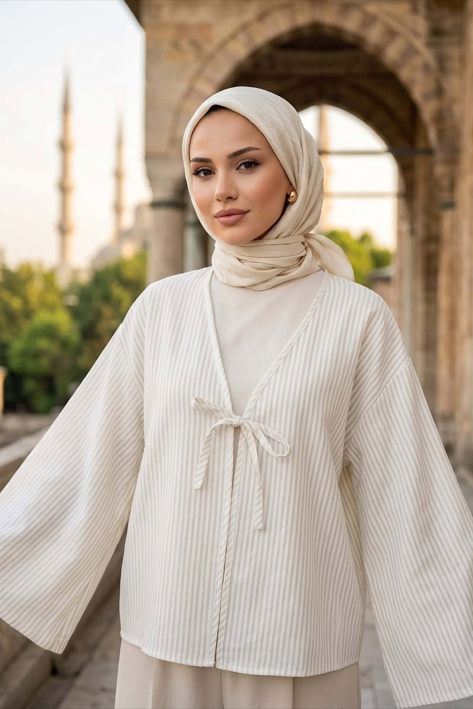 Çizgili Bağcıklı Kimono Beyaz - 28934-BEYAZ - 1