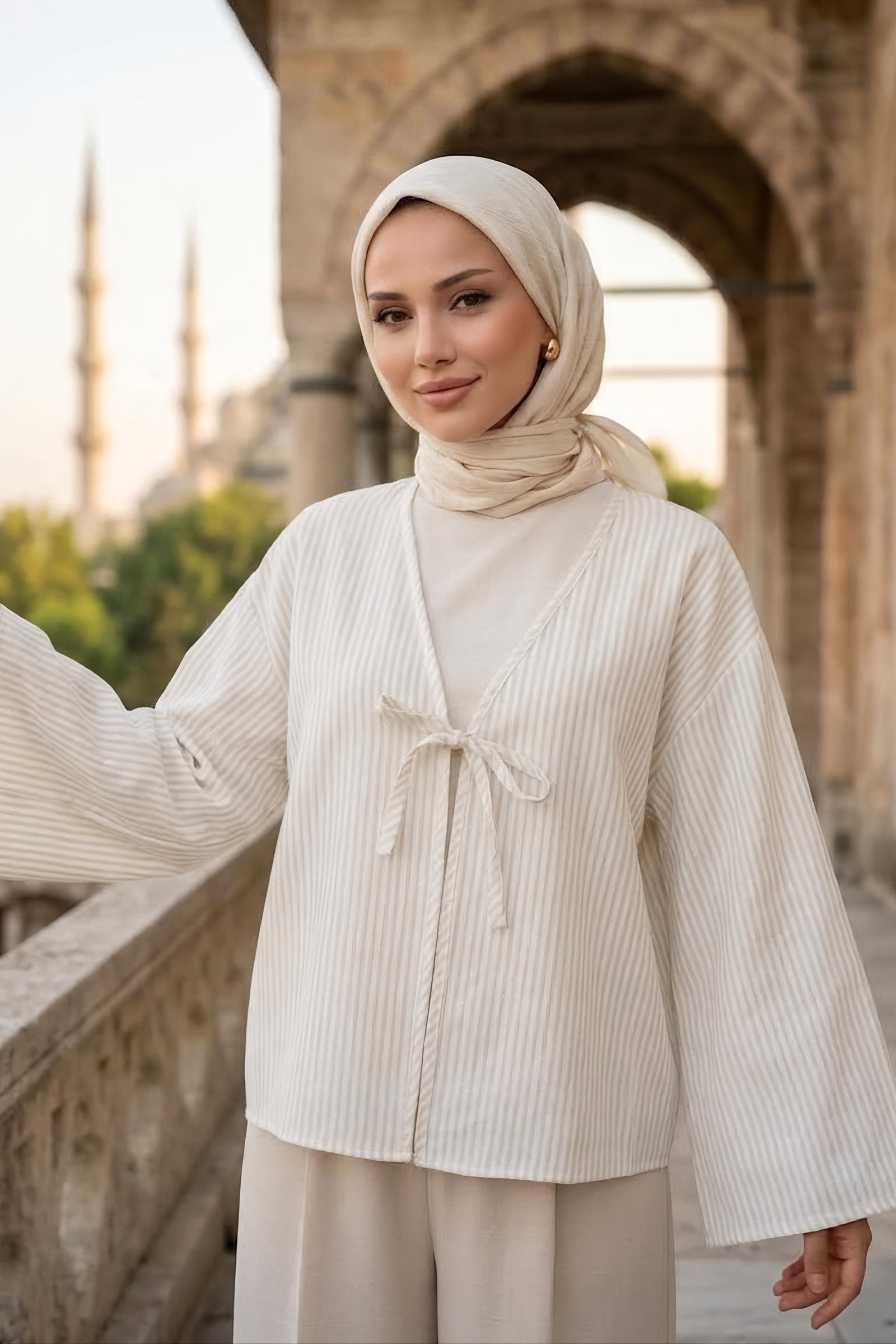 Çizgili Bağcıklı Kimono Beyaz - 28934-BEYAZ - 2