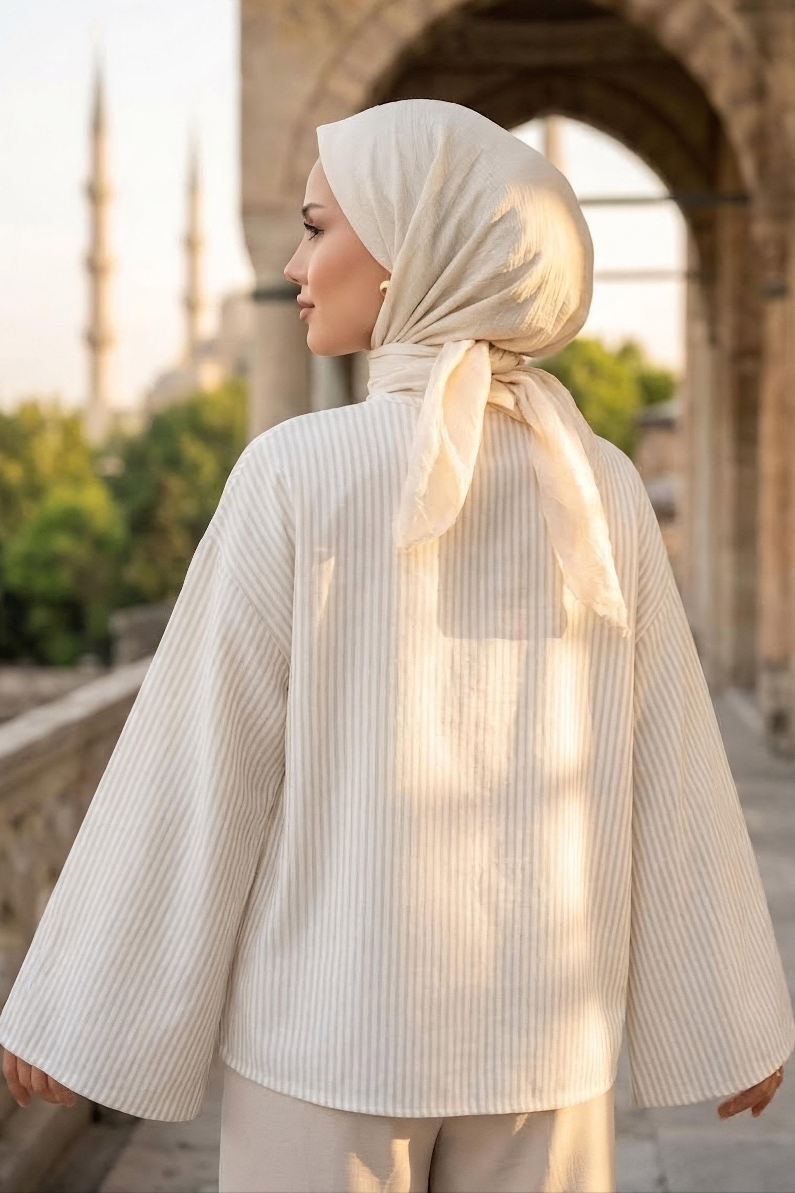 Çizgili Bağcıklı Kimono Beyaz - 28934-BEYAZ - 3
