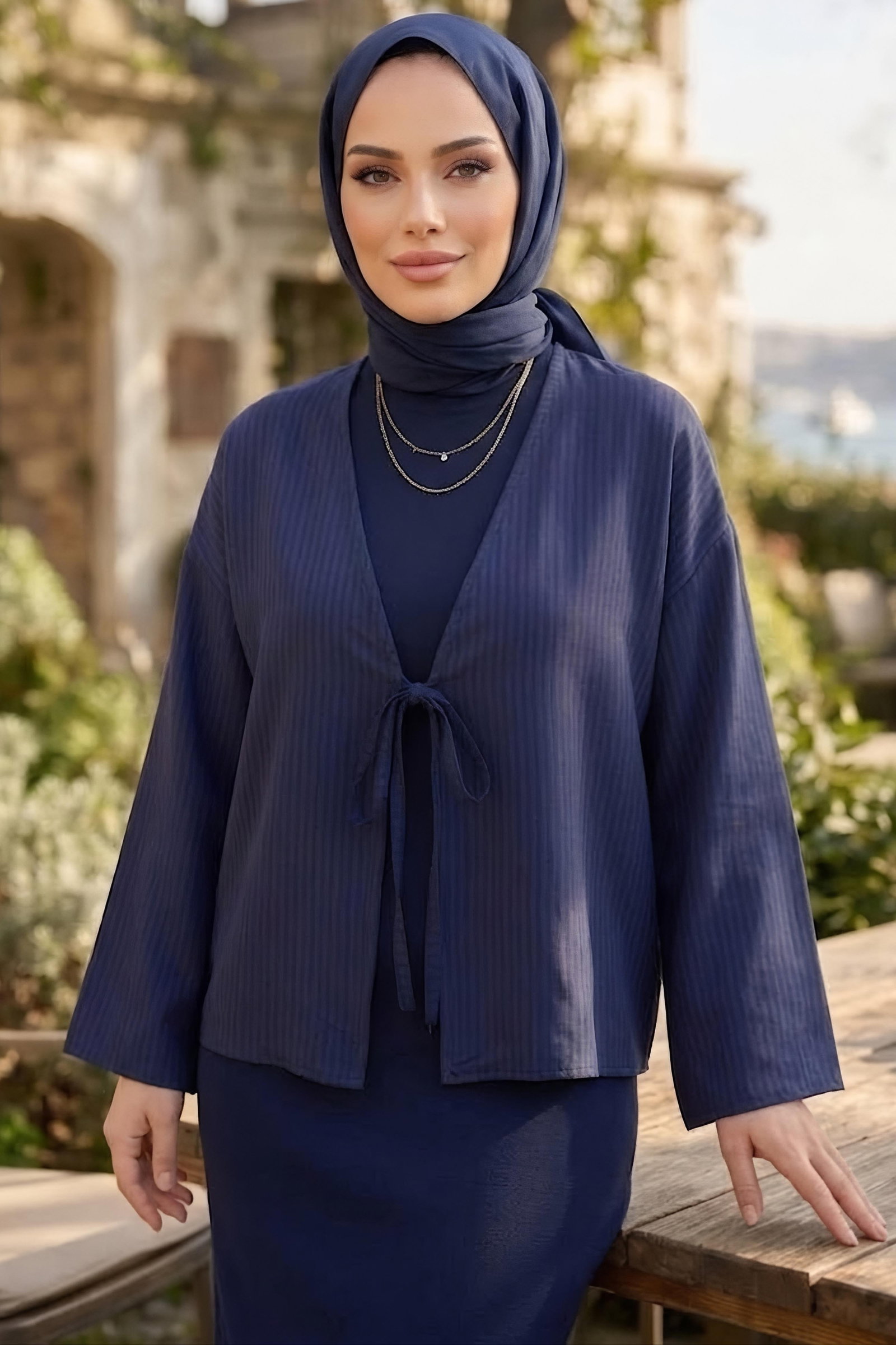 Çizgili Bağcıklı Kimono Lacivert - 28934-LACIVERT - 1
