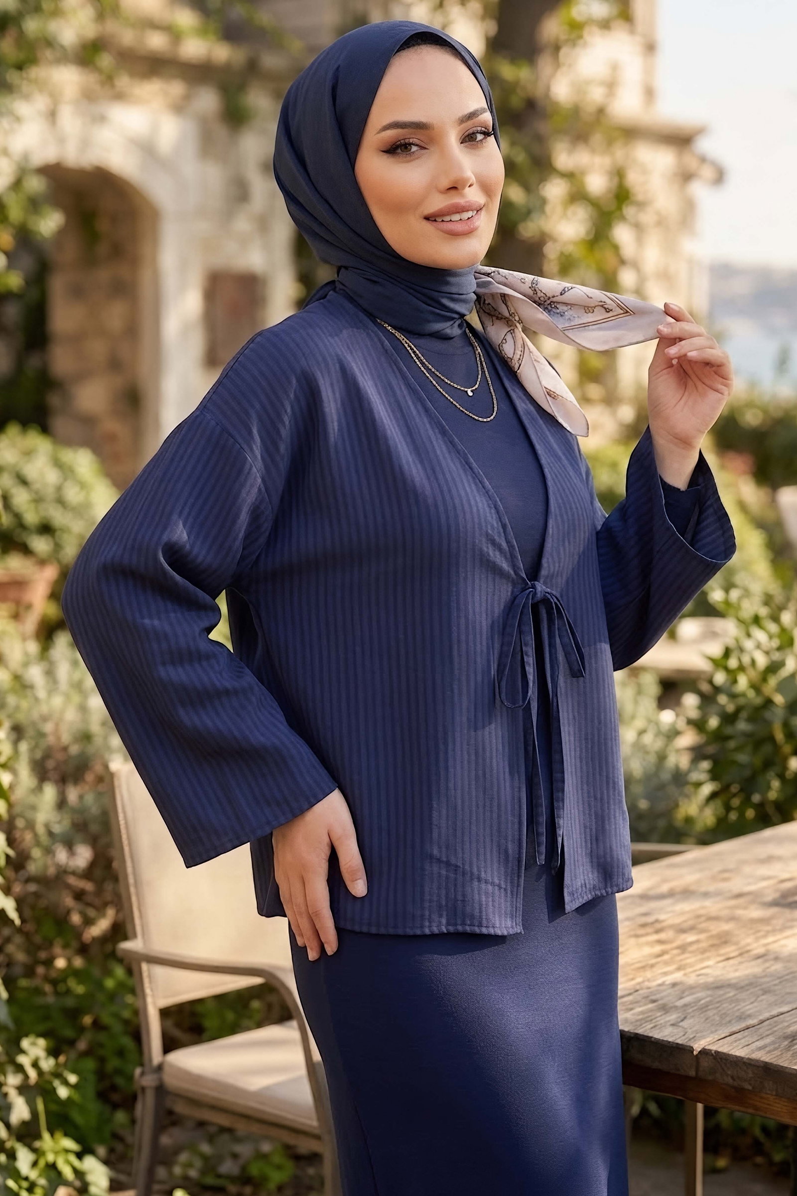 Çizgili Bağcıklı Kimono Lacivert - 28934-LACIVERT - 2